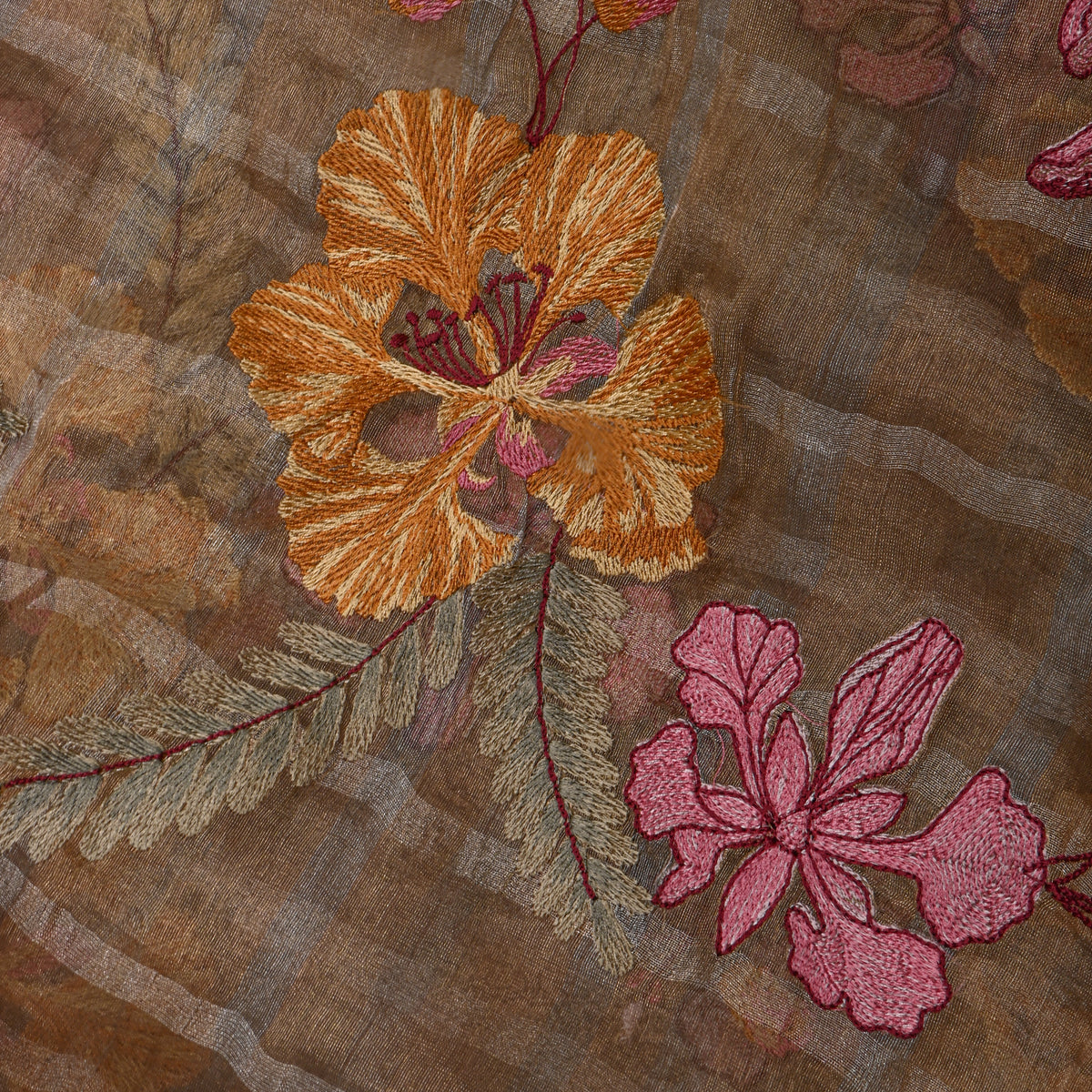 Brown Pink Orange Floral Thread Work Tissue Fabric