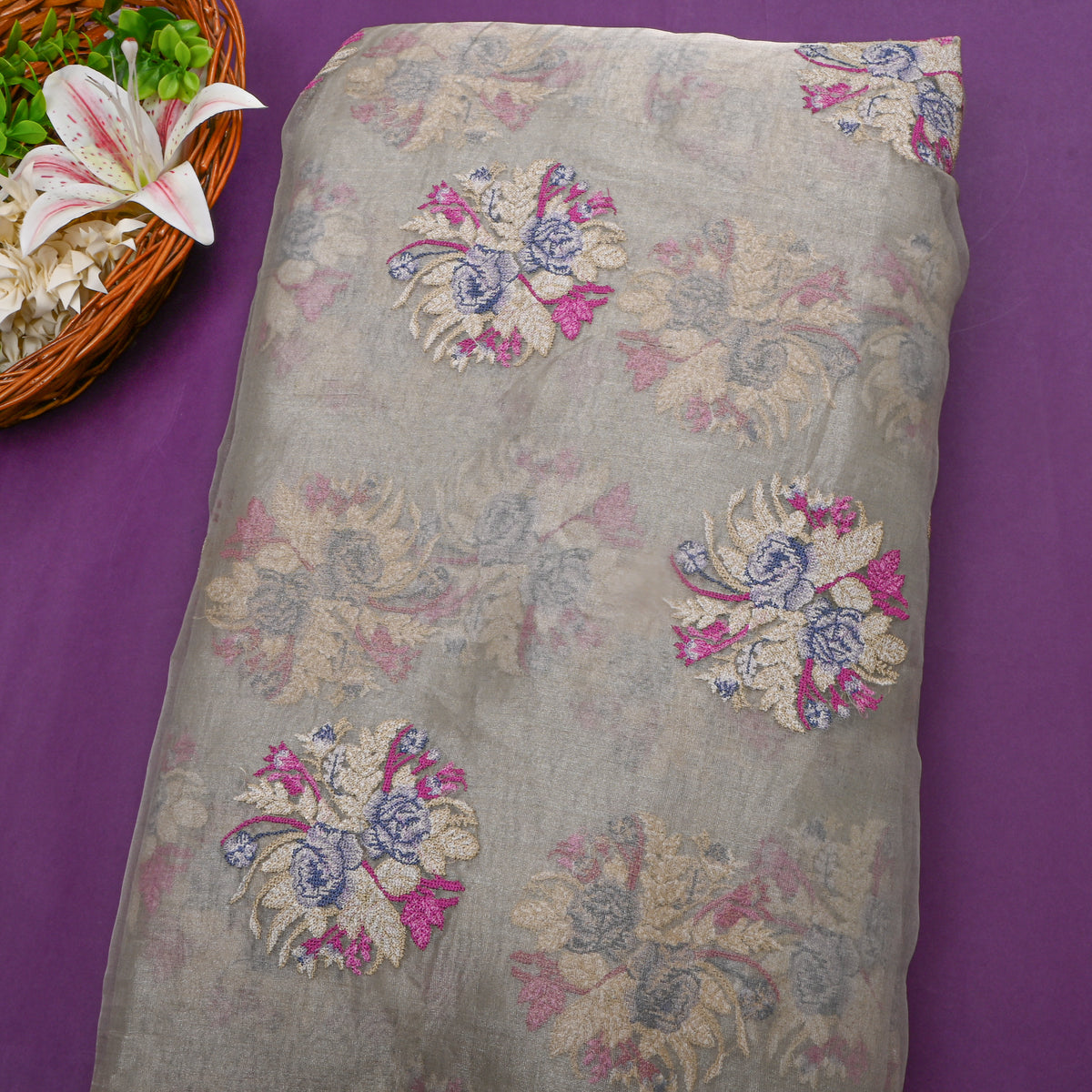 Grey Floral Butti Thread Work Tissue Fabric