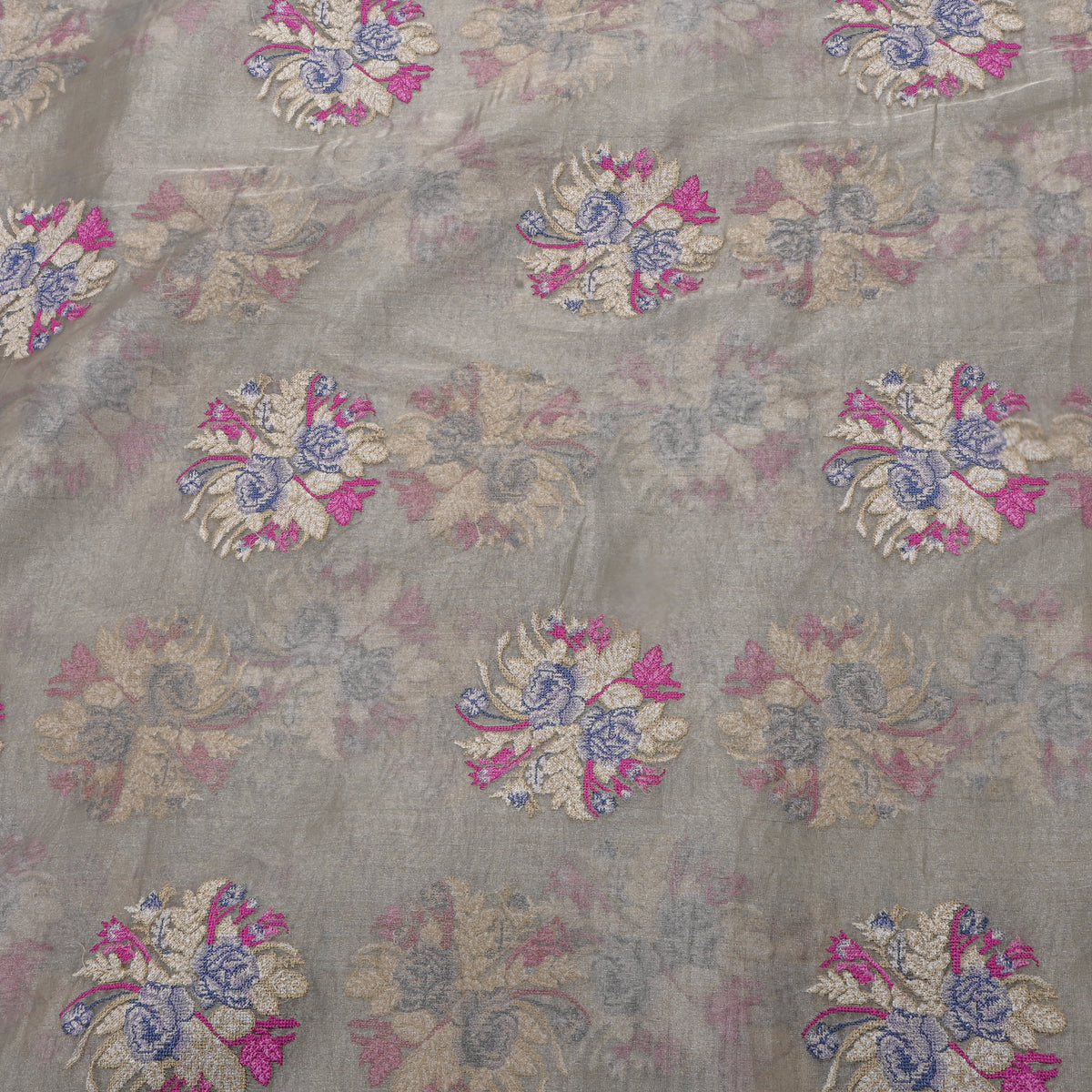 Grey Floral Butti Thread Work Tissue Fabric