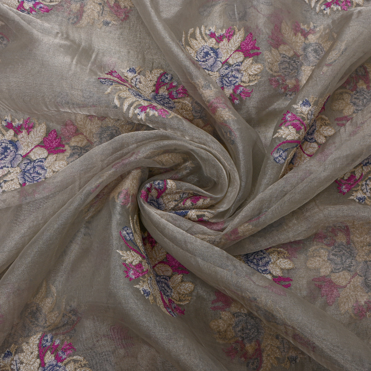 Grey Floral Butti Thread Work Tissue Fabric