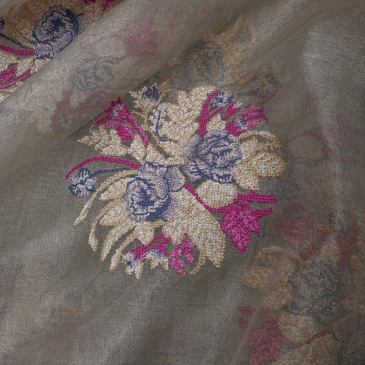 Grey Floral Butti Thread Work Tissue Fabric