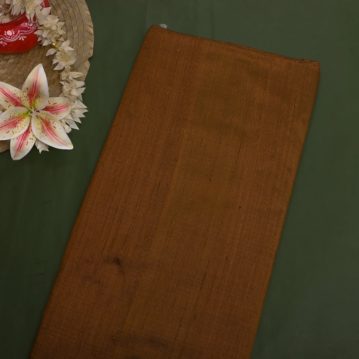 Dark Wooden Brown Plain Raw Silk Fabric