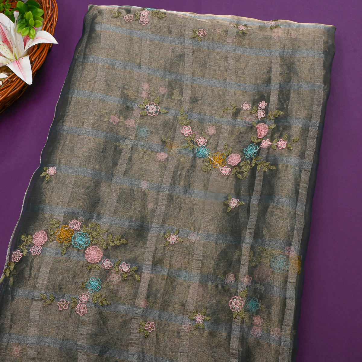 Gray Floral Applique Butterfly Tissue Fabric