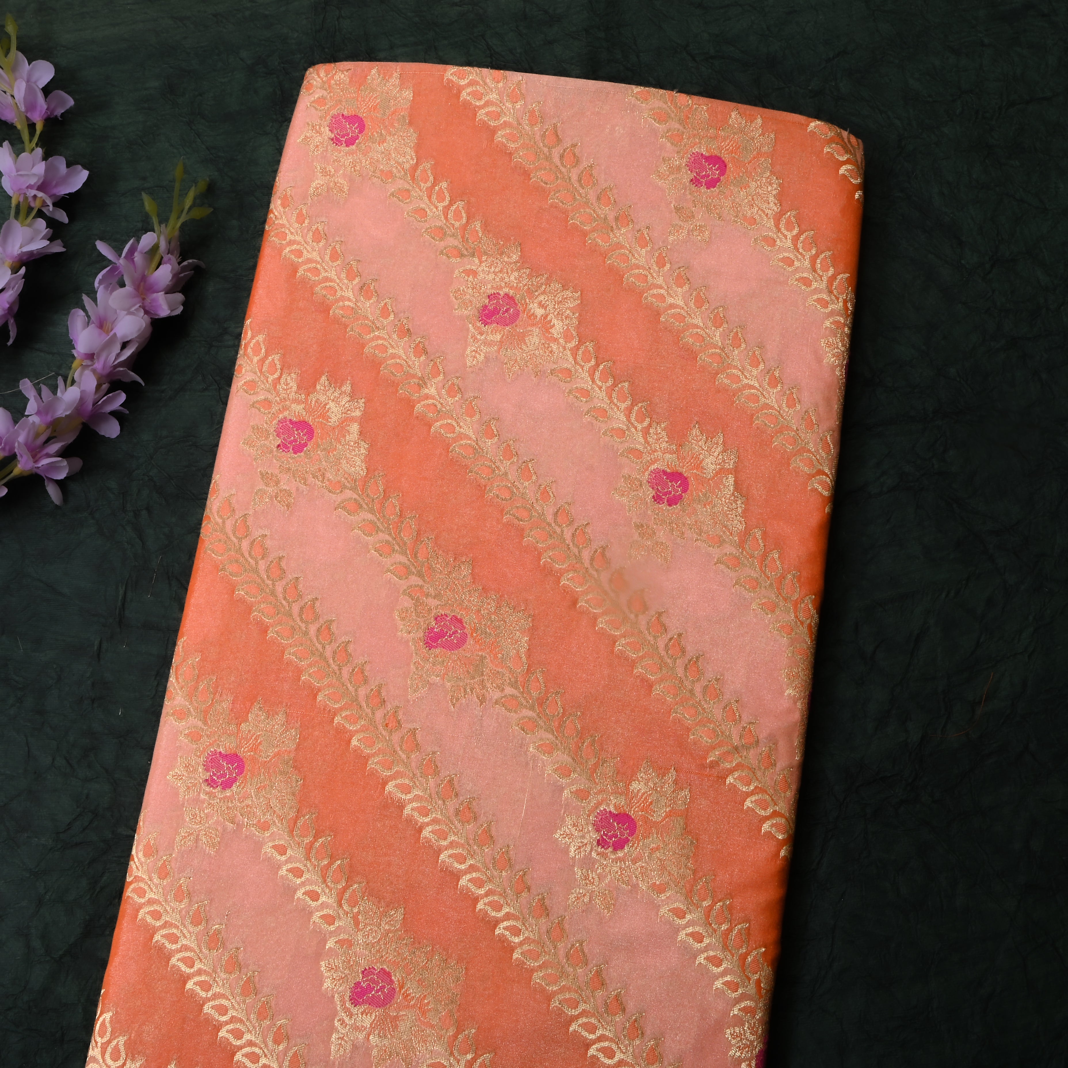 Dual Shade Peach Floral Jamawar Silk Fabric