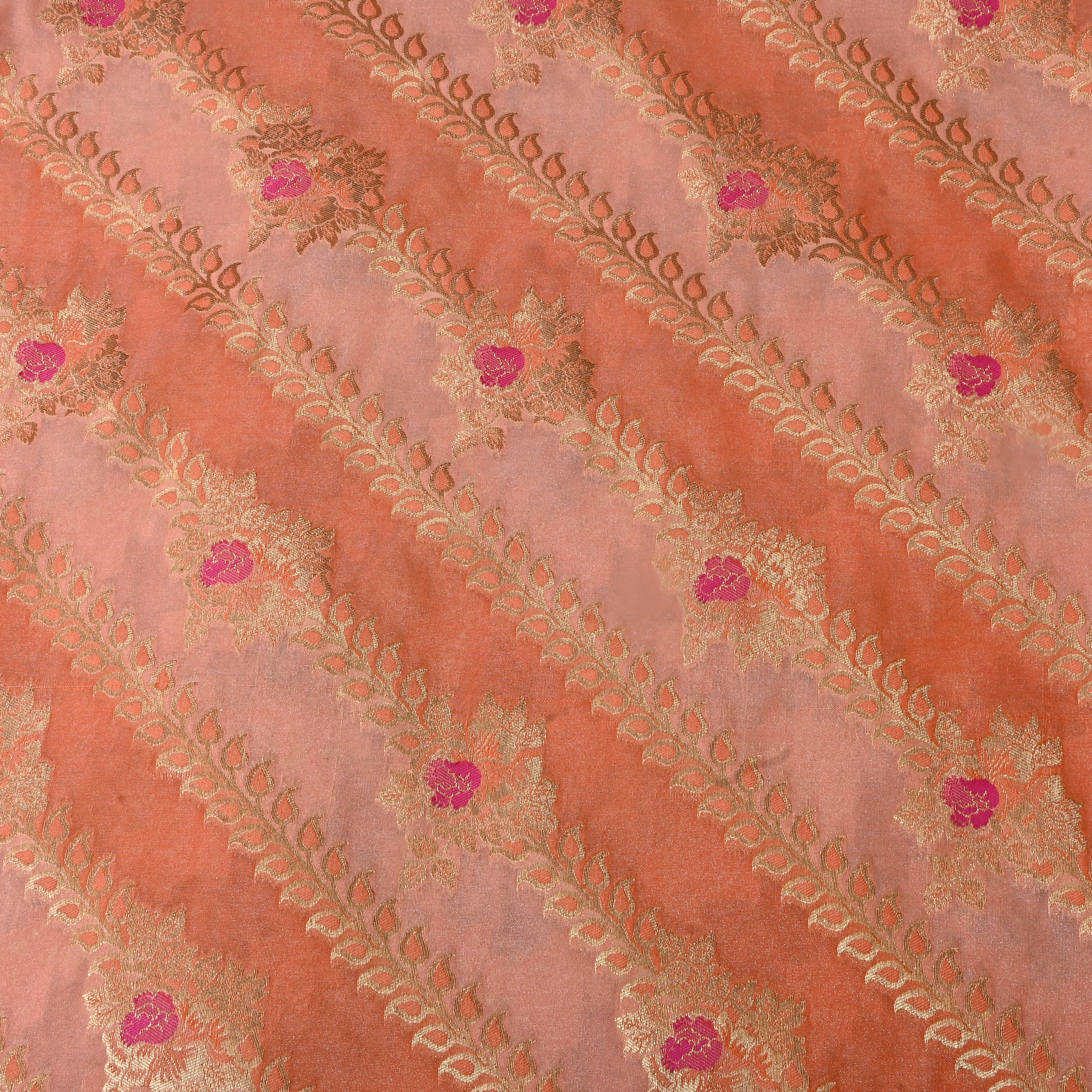 Dual Shade Peach Floral Jamawar Silk Fabric