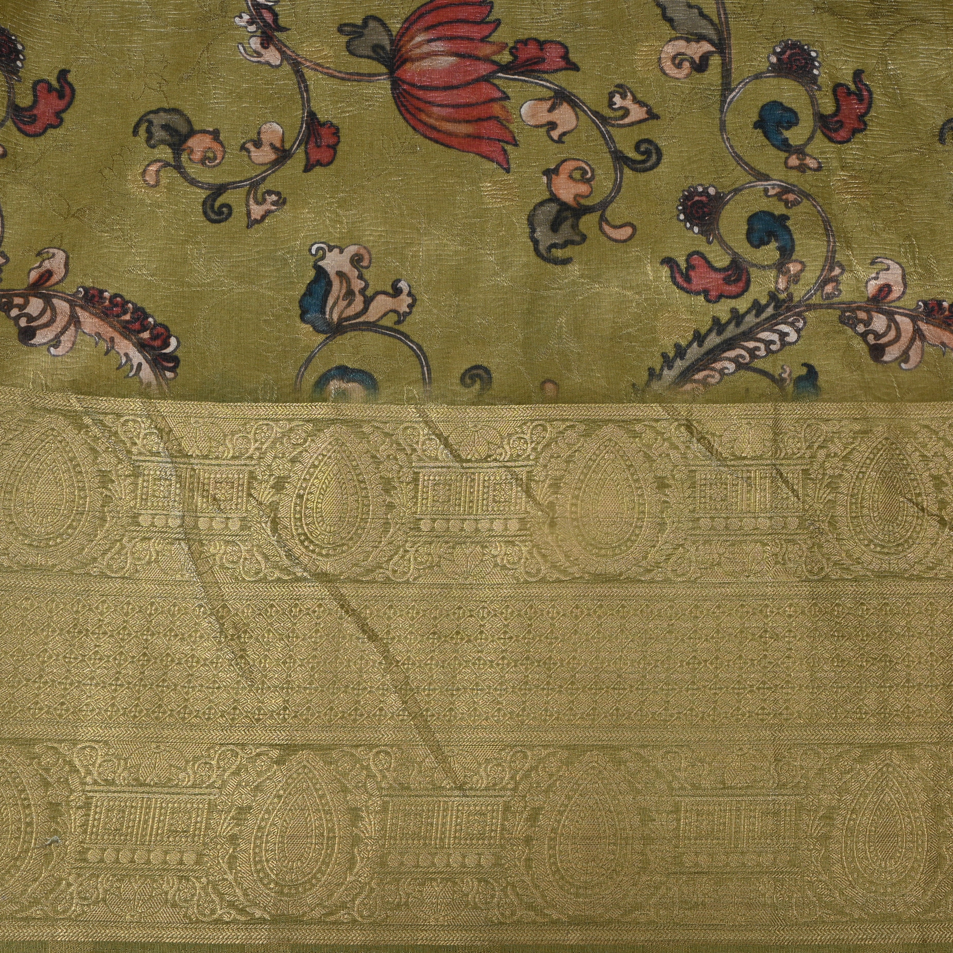Olive Green Printed Silk With Self-Tone Kalka Border