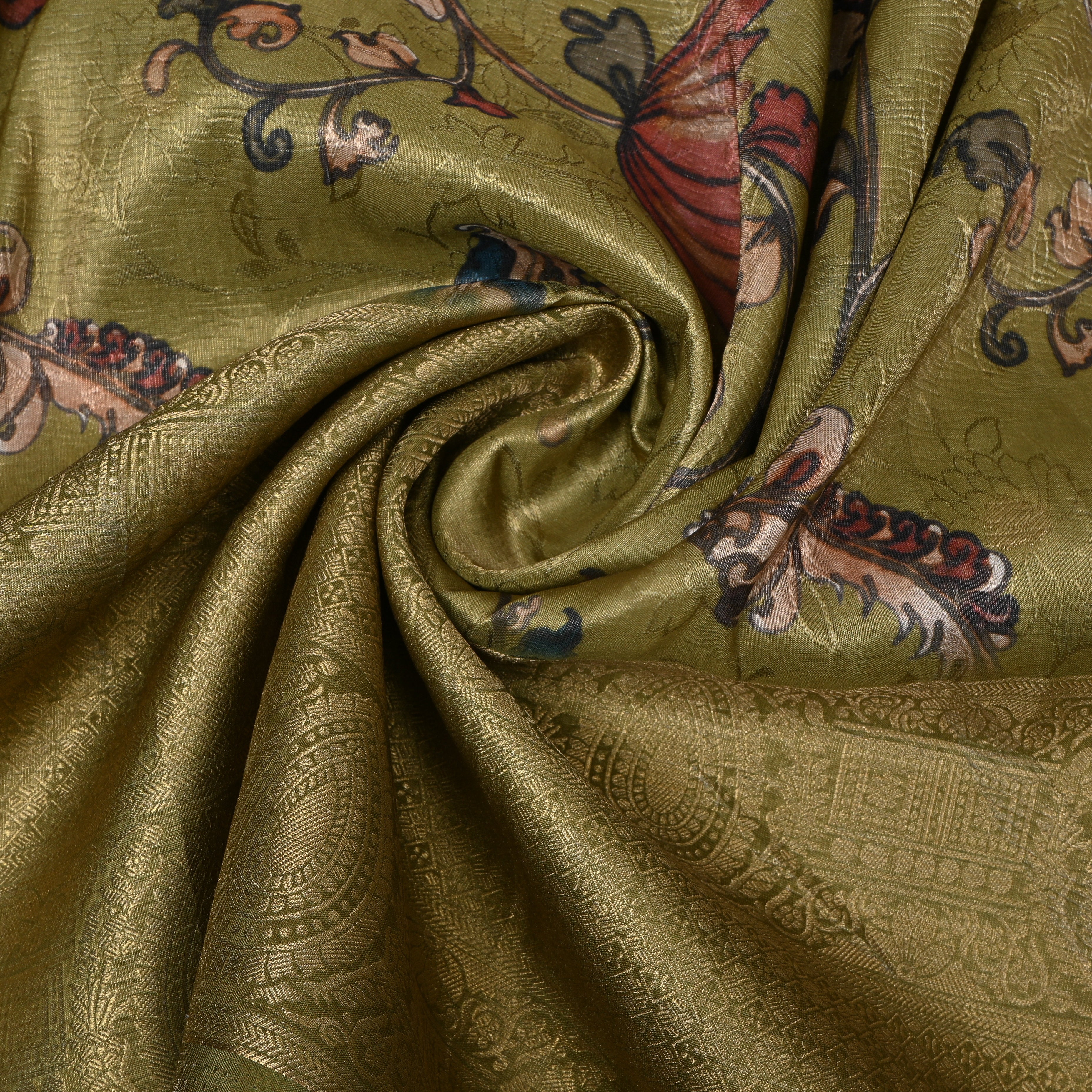 Olive Green Printed Silk With Self-Tone Kalka Border