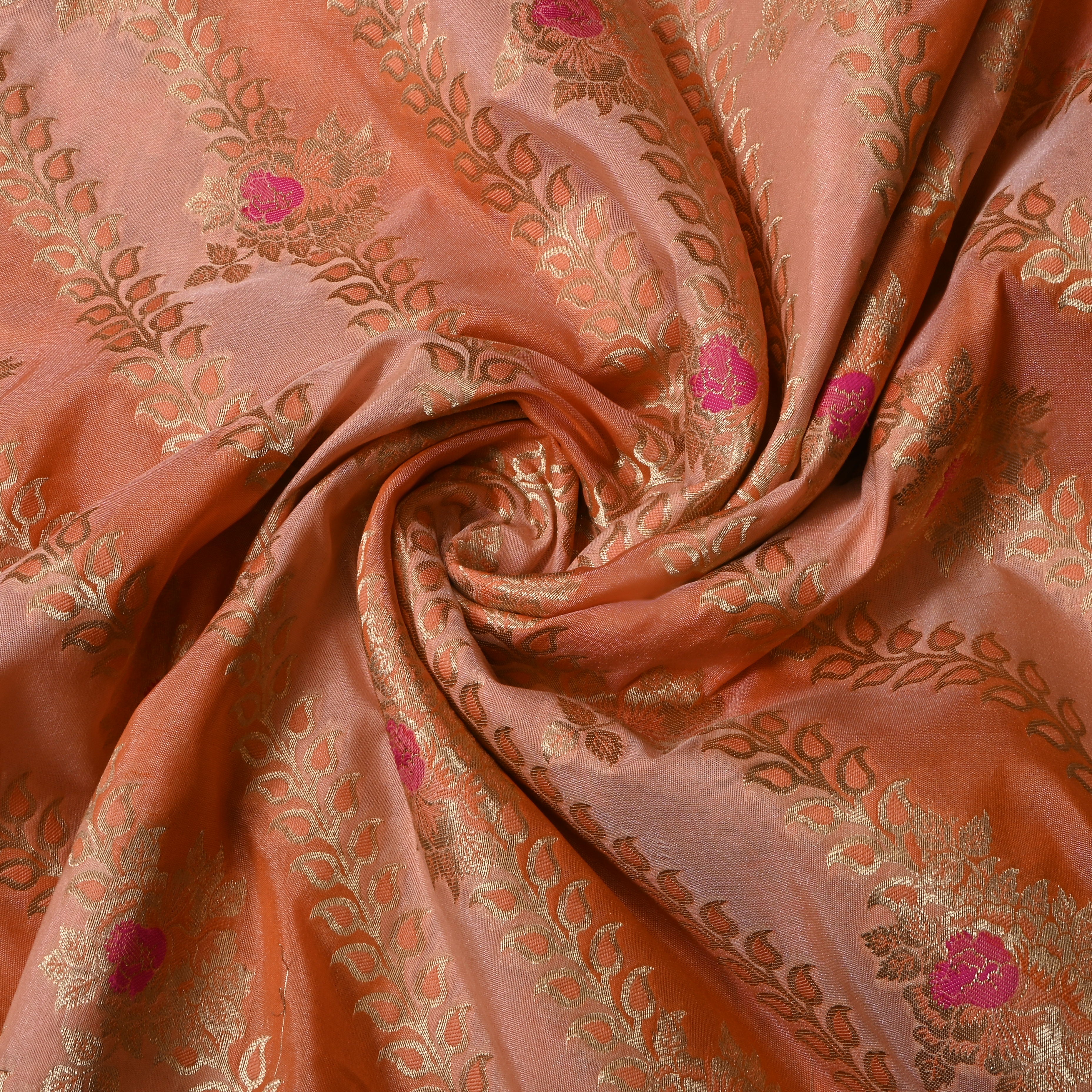 Dual Shade Peach Floral Jamawar Silk Fabric