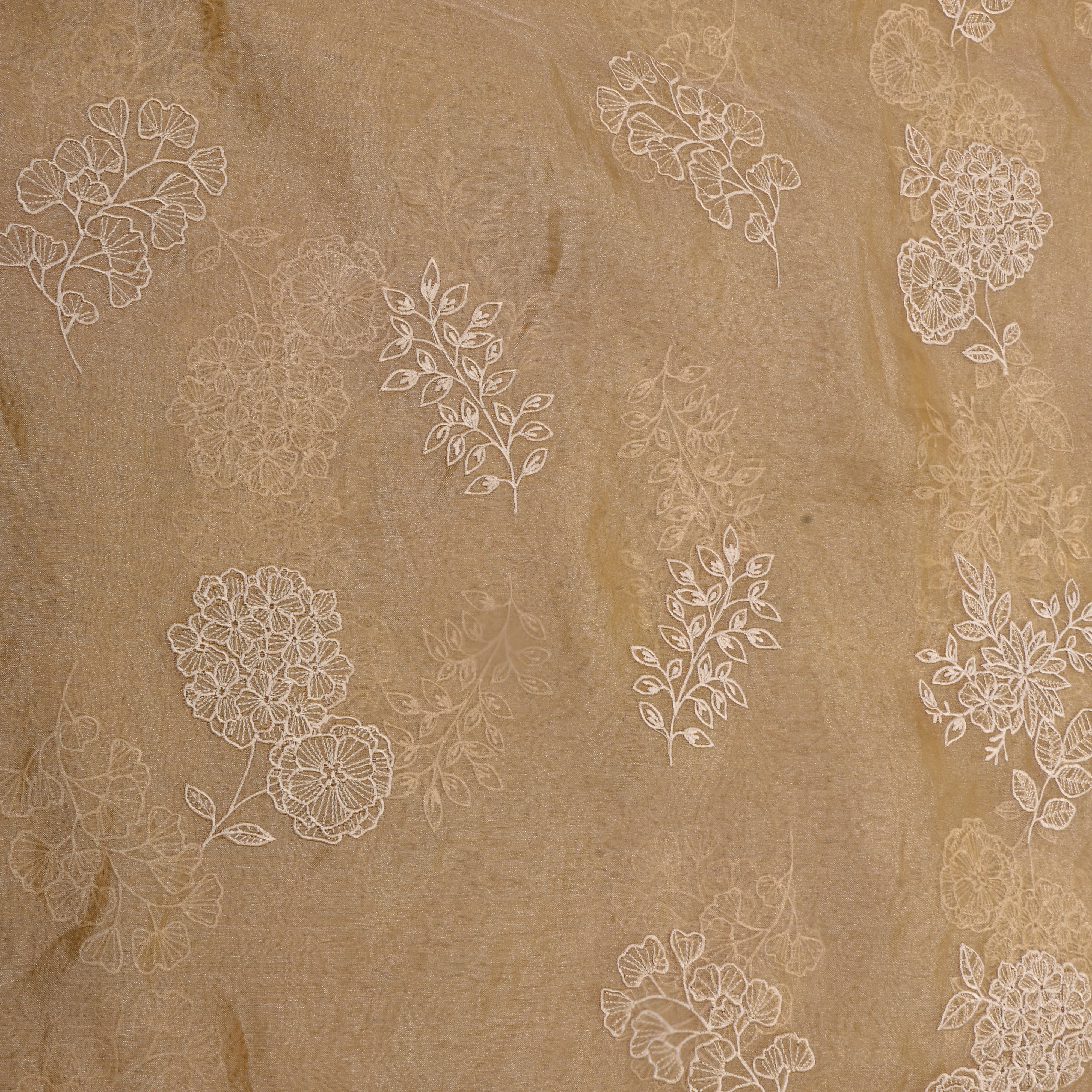 Golden Beige Floral Thread Work Tissue Fabric
