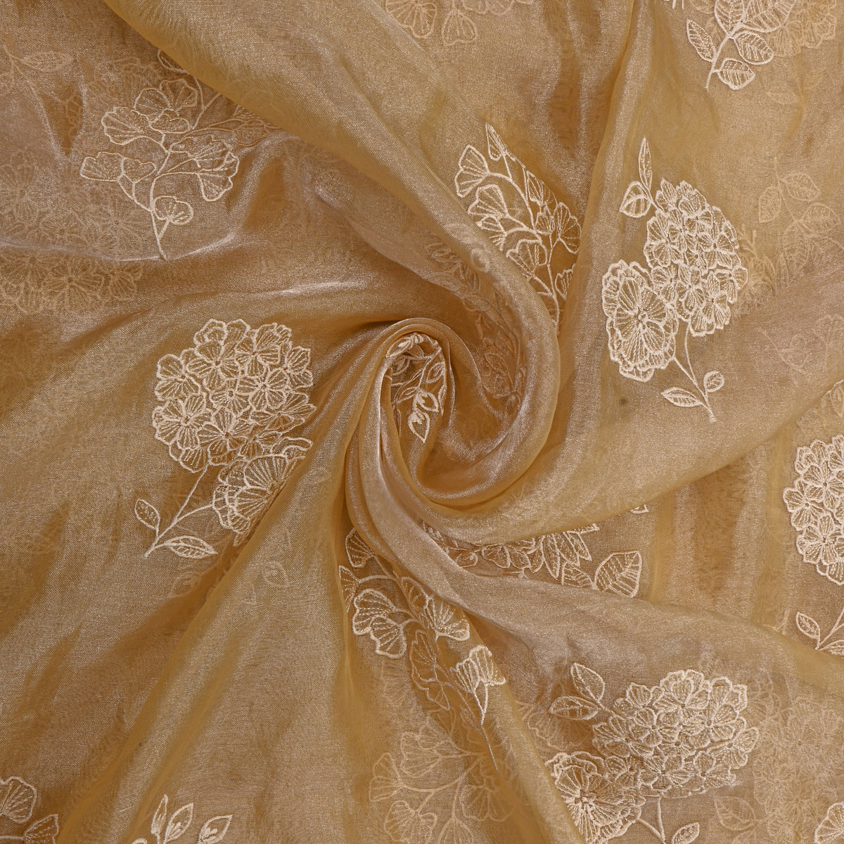 Golden Beige Floral Thread Work Tissue Fabric
