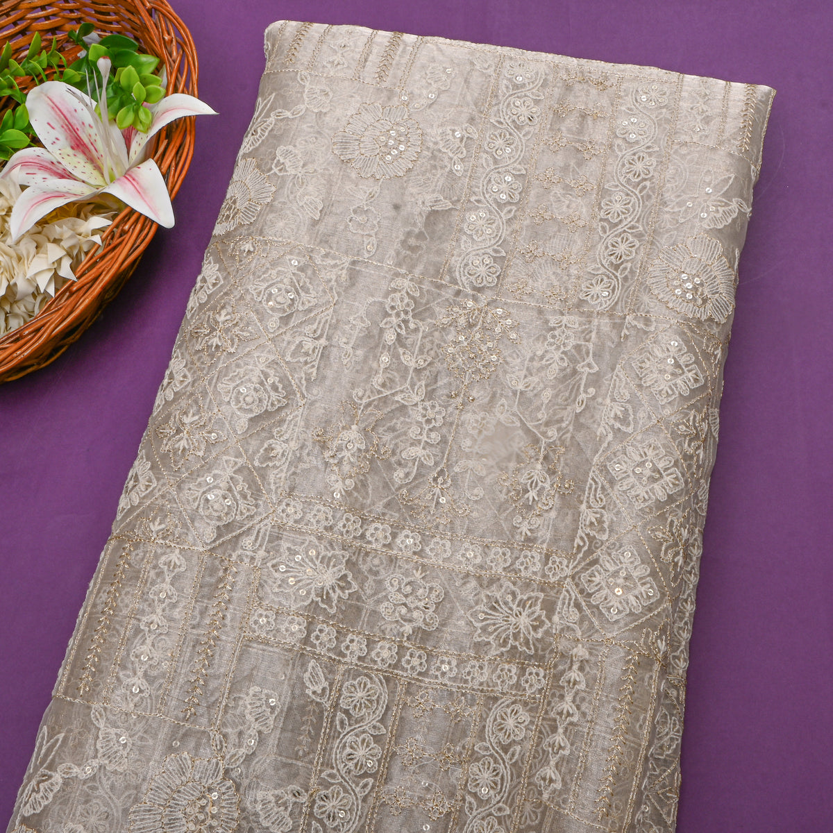 Cream Tissue Fabric With Gold Geometric Thread Work