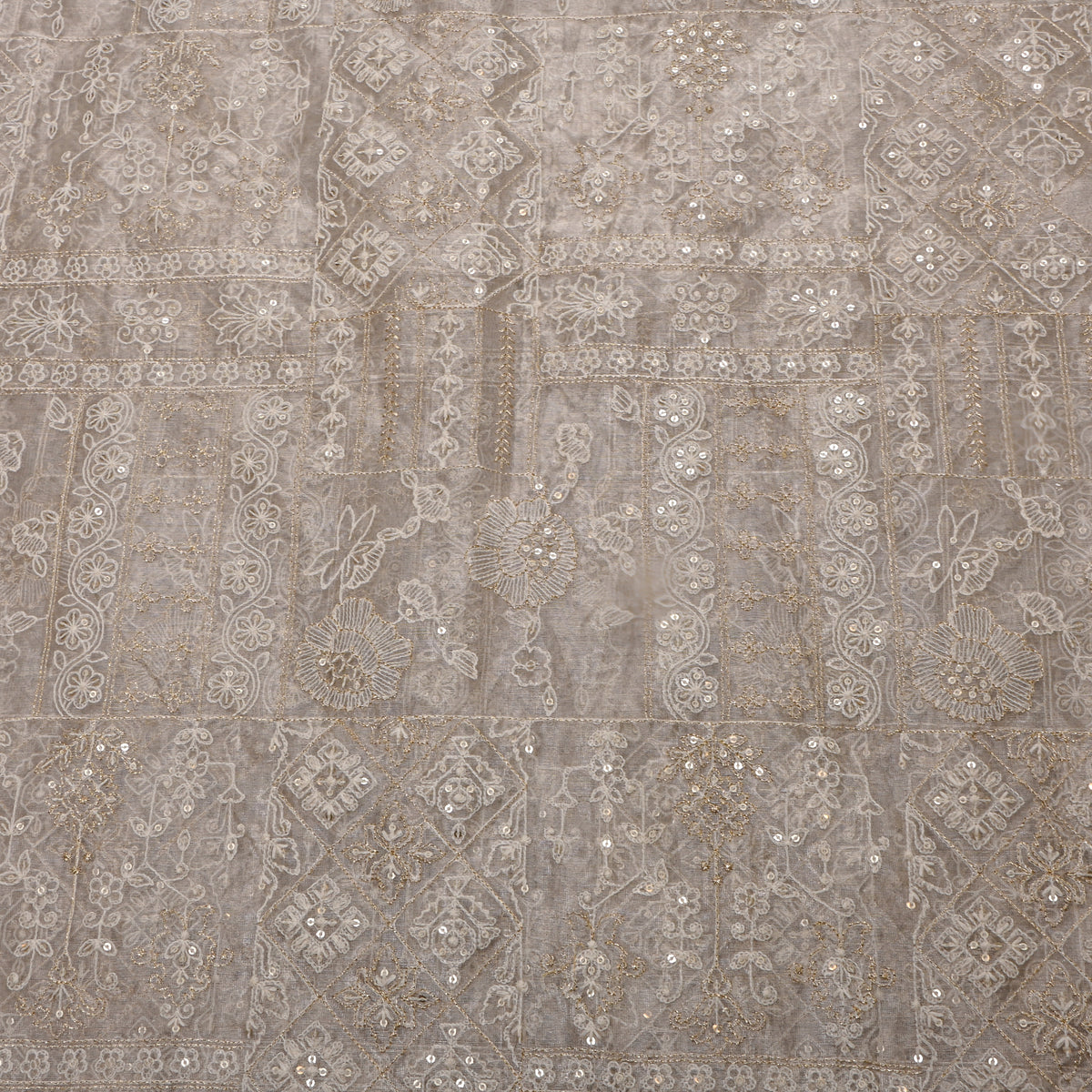 Cream Tissue Fabric With Gold Geometric Thread Work