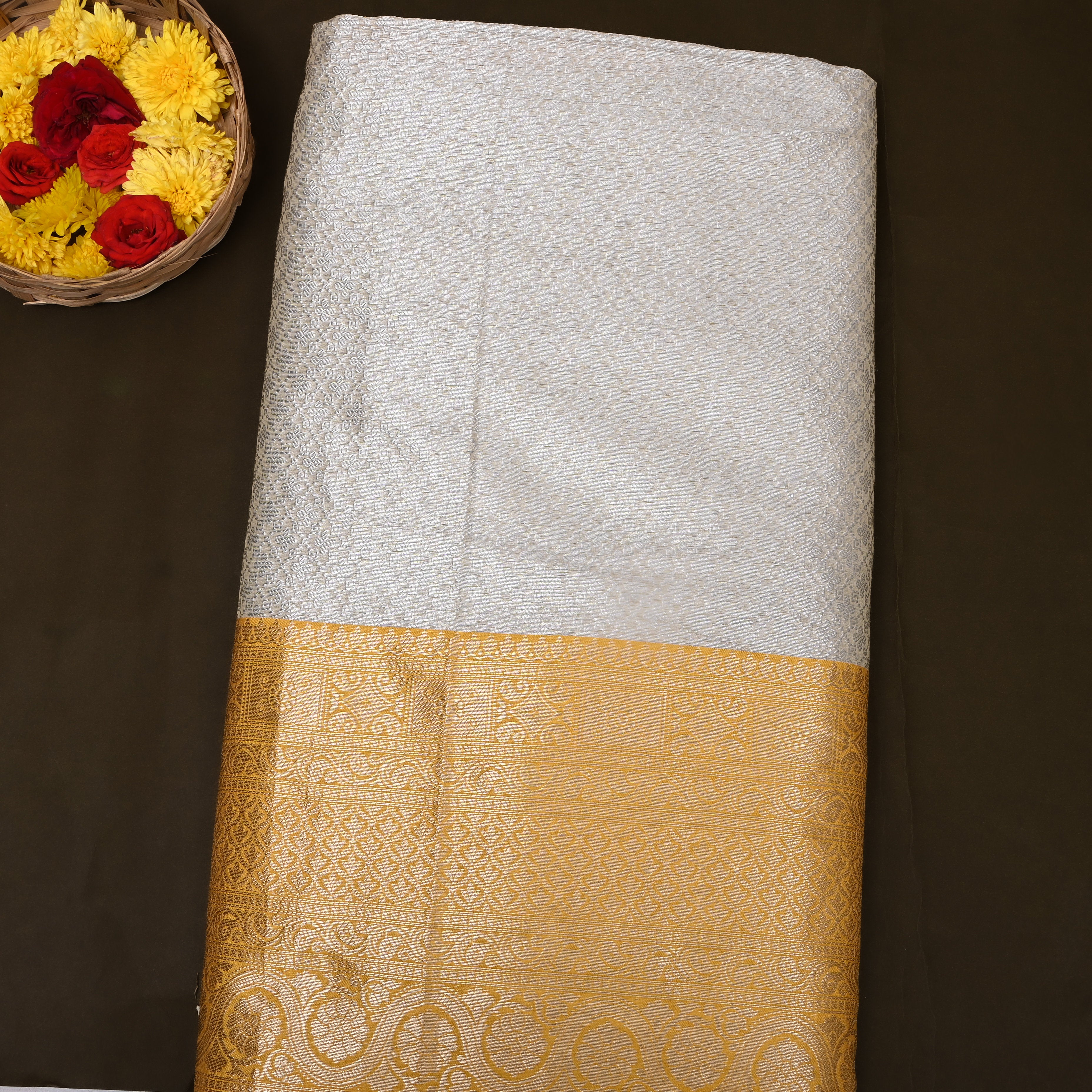 Silver Mustard Trellis Border Jamawar Silk Fabric
