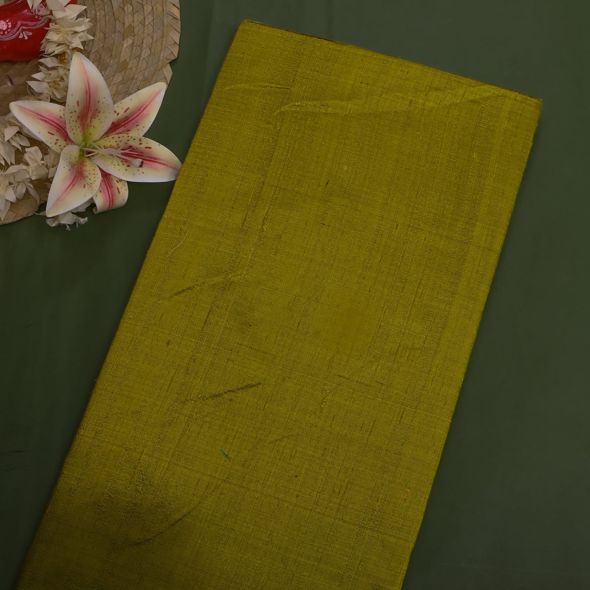 Olive Green Plain Raw Silk Fabric