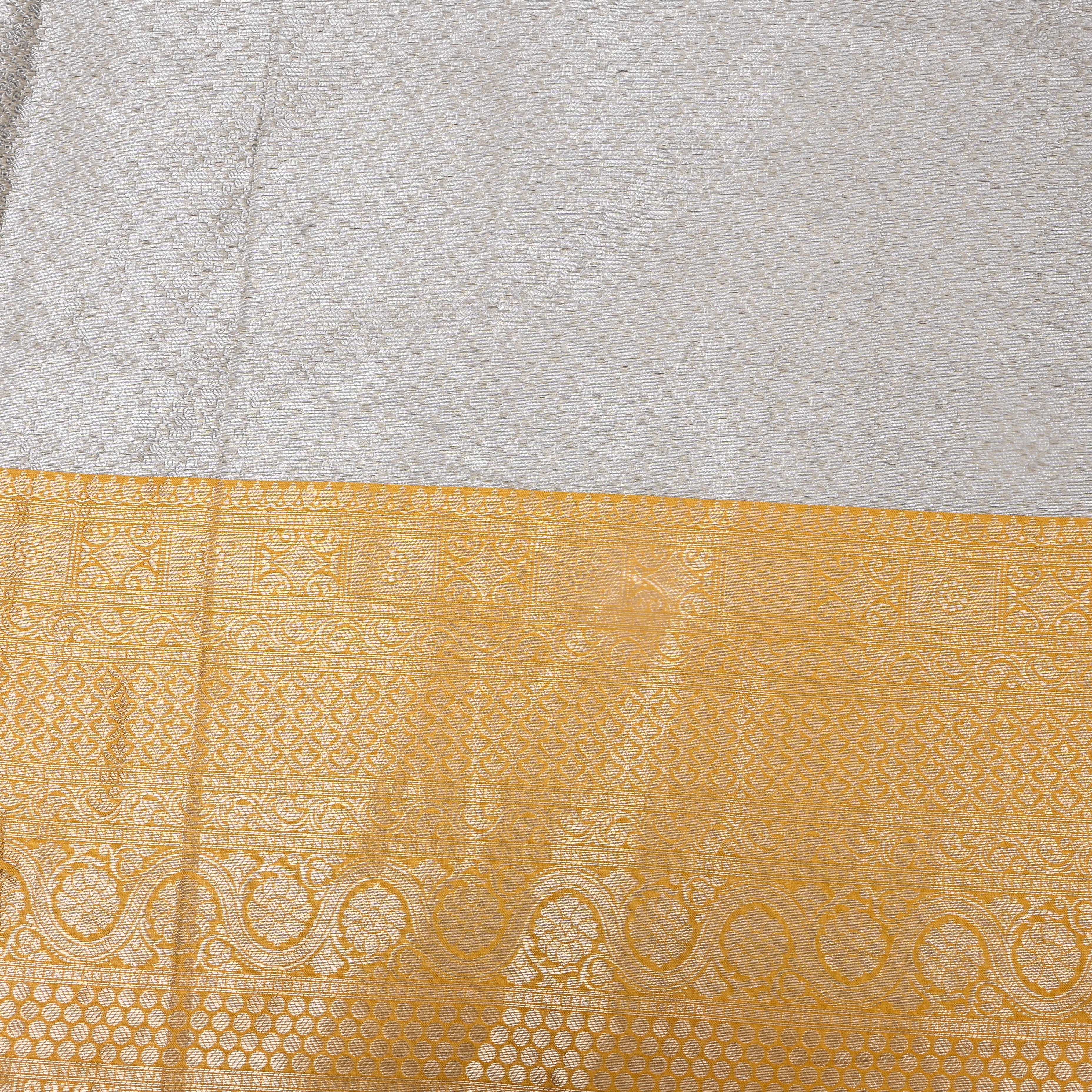 Silver Mustard Trellis Border Jamawar Silk Fabric