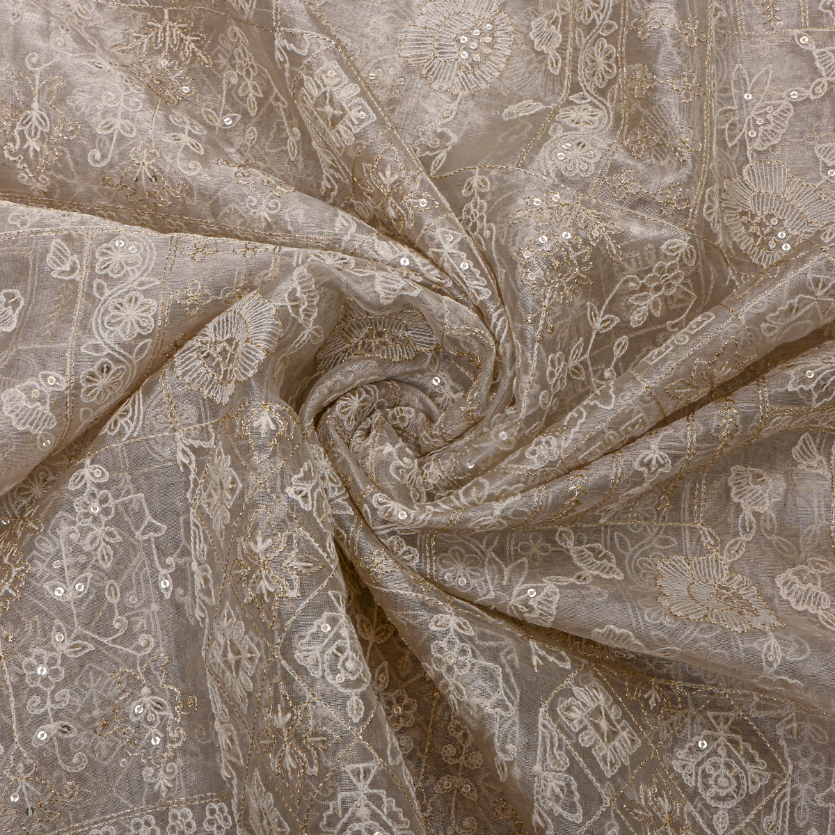 Cream Tissue Fabric With Gold Geometric Thread Work