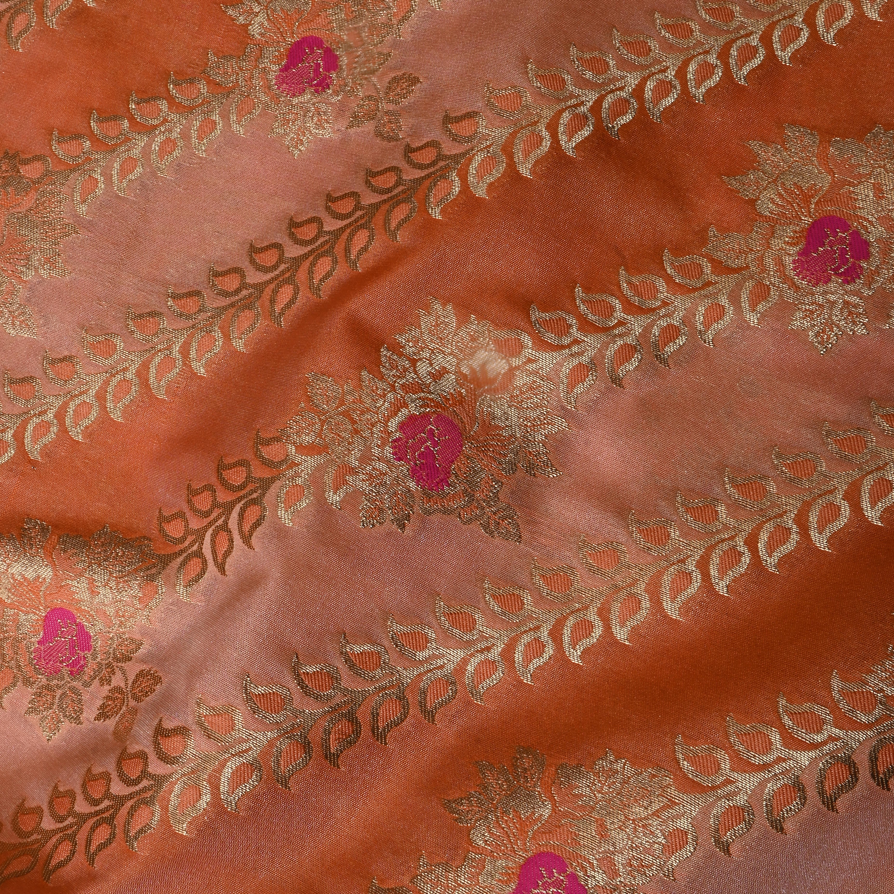Dual Shade Peach Floral Jamawar Silk Fabric