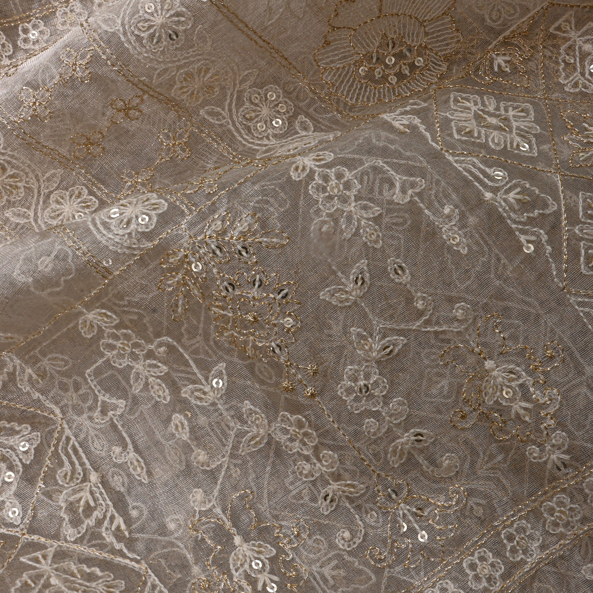 Cream Tissue Fabric With Gold Geometric Thread Work