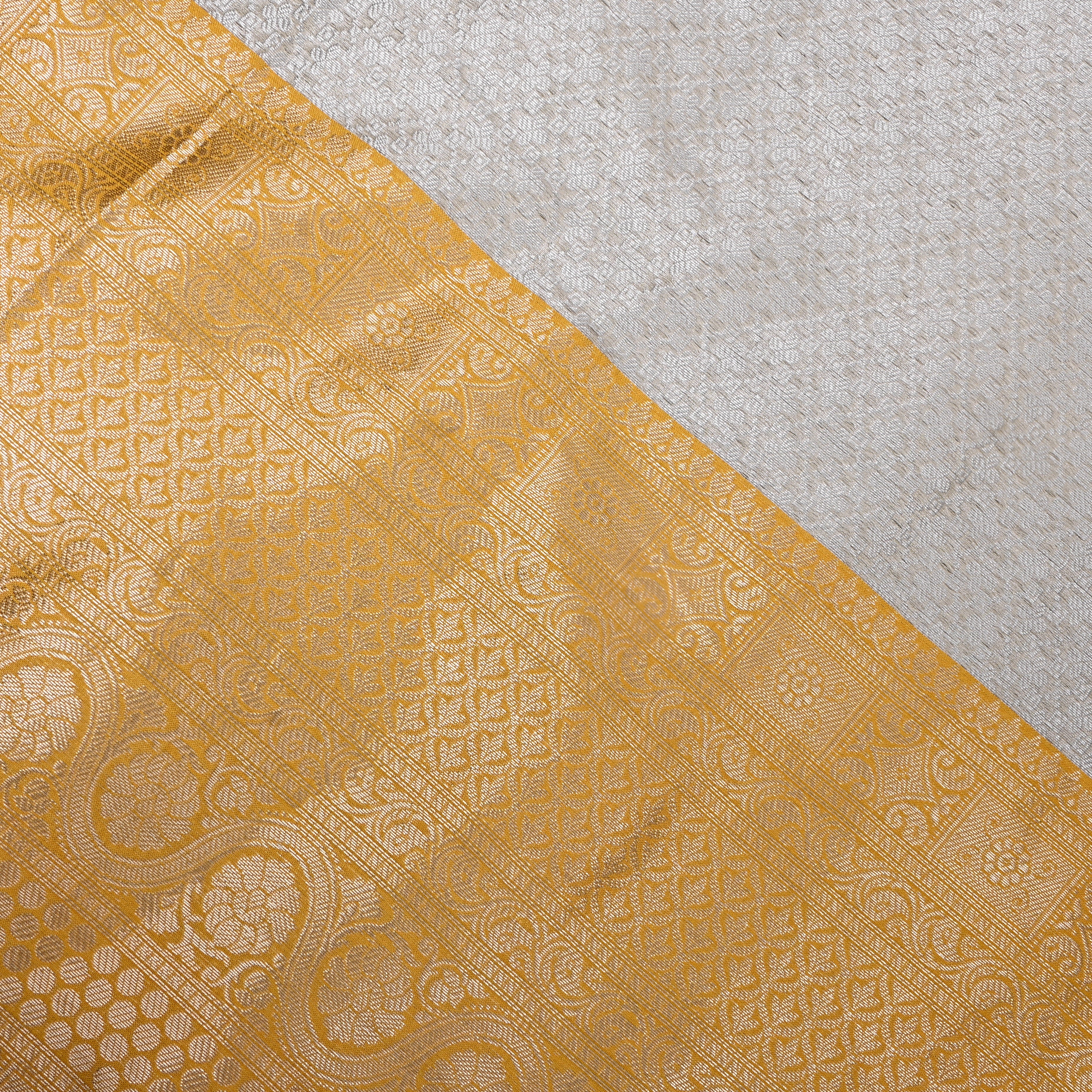Silver Mustard Trellis Border Jamawar Silk Fabric
