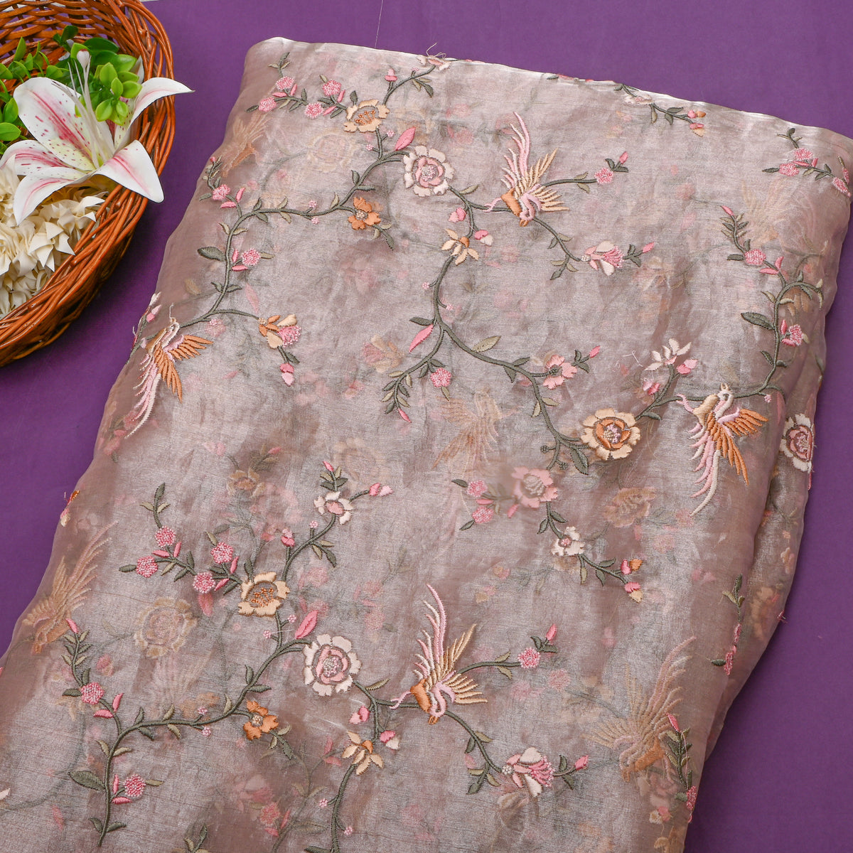 Bright Pink Floral Jaal Bird Thread Work Tissue Fabric