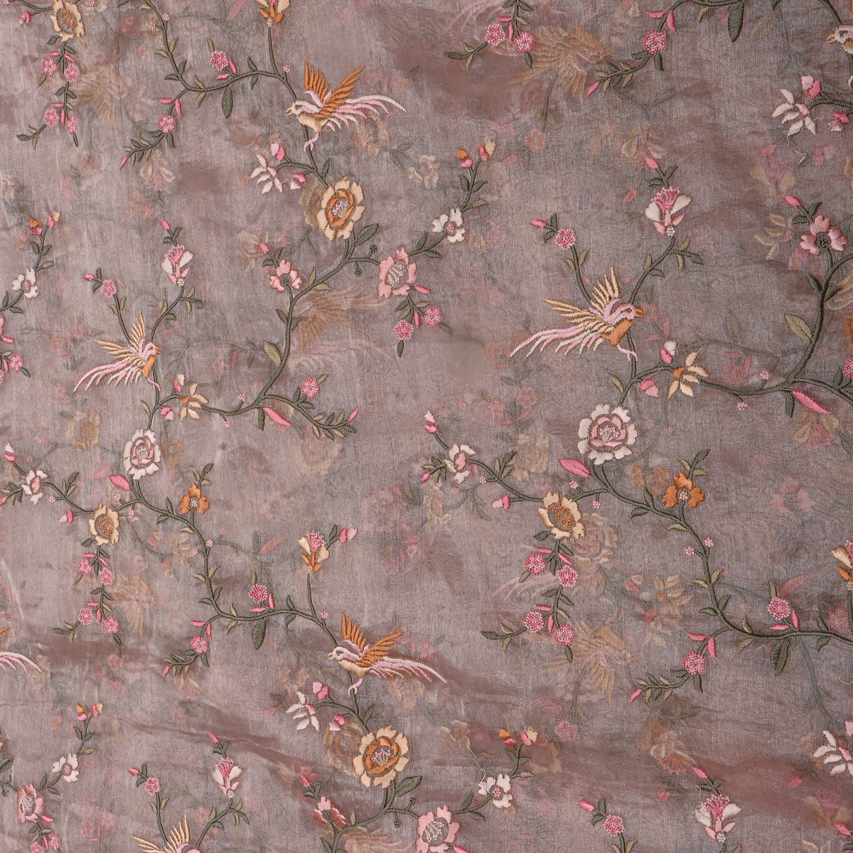 Bright Pink Floral Jaal Bird Thread Work Tissue Fabric