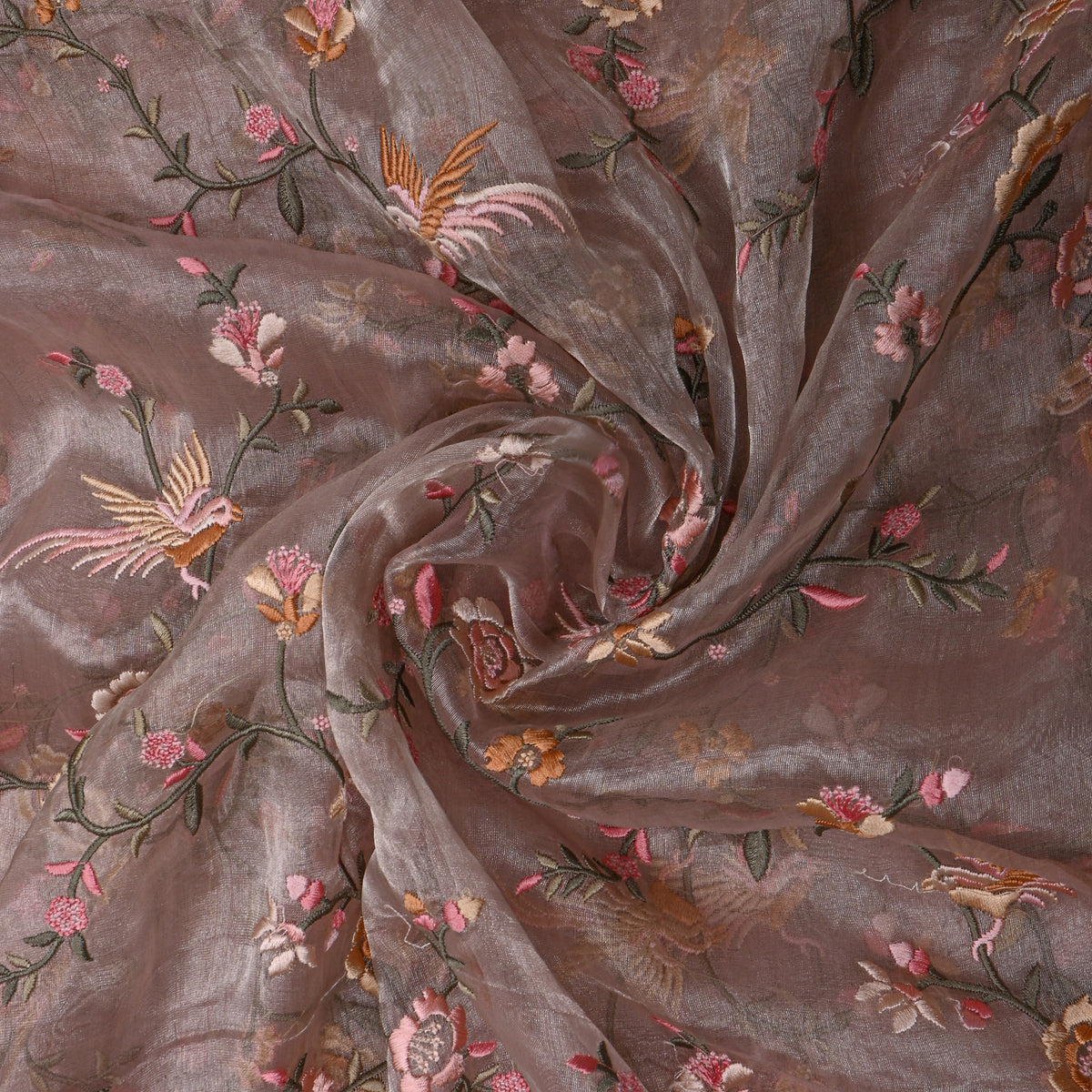 Bright Pink Floral Jaal Bird Thread Work Tissue Fabric