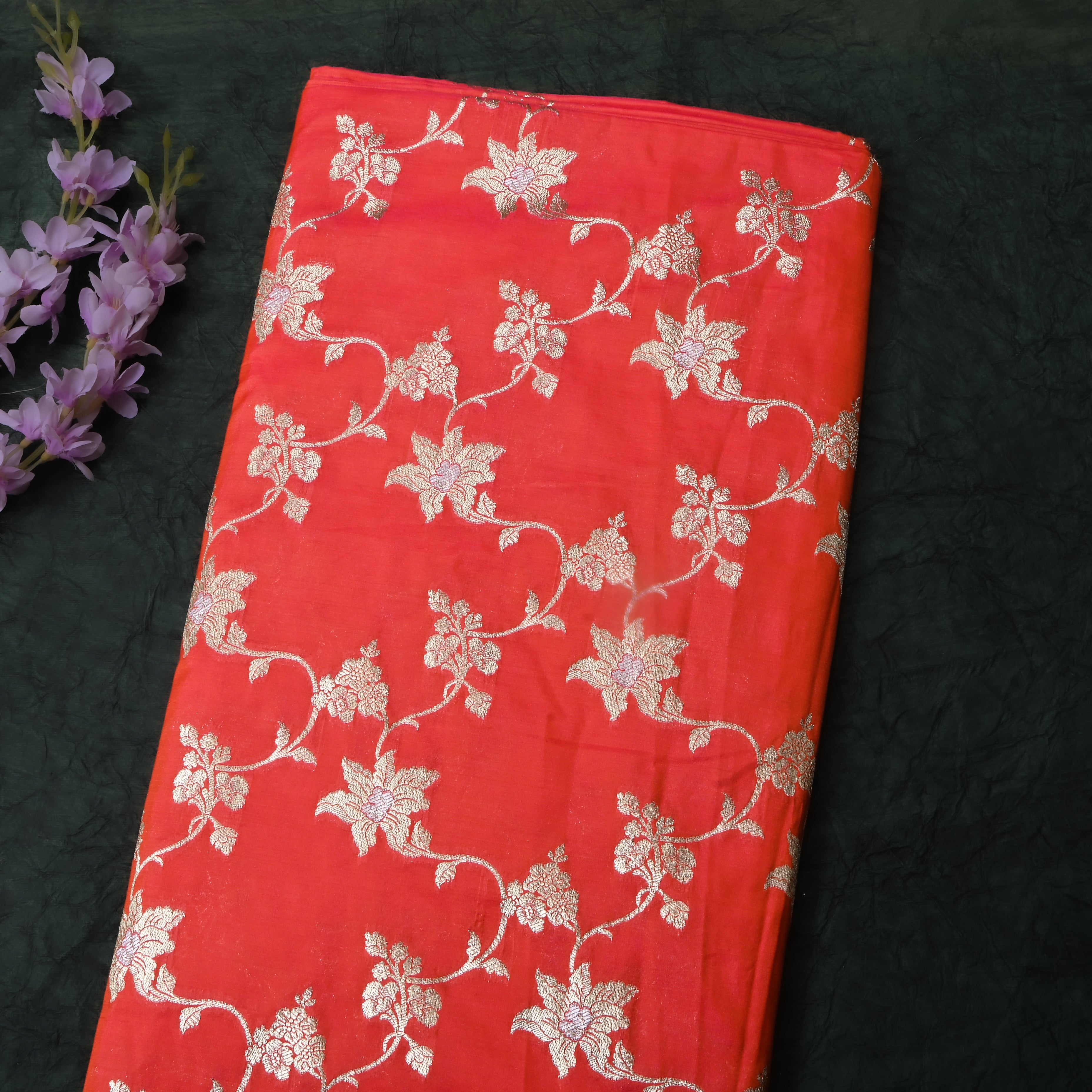 Dark Reddish Pink Floral Jamawar Silk Fabric