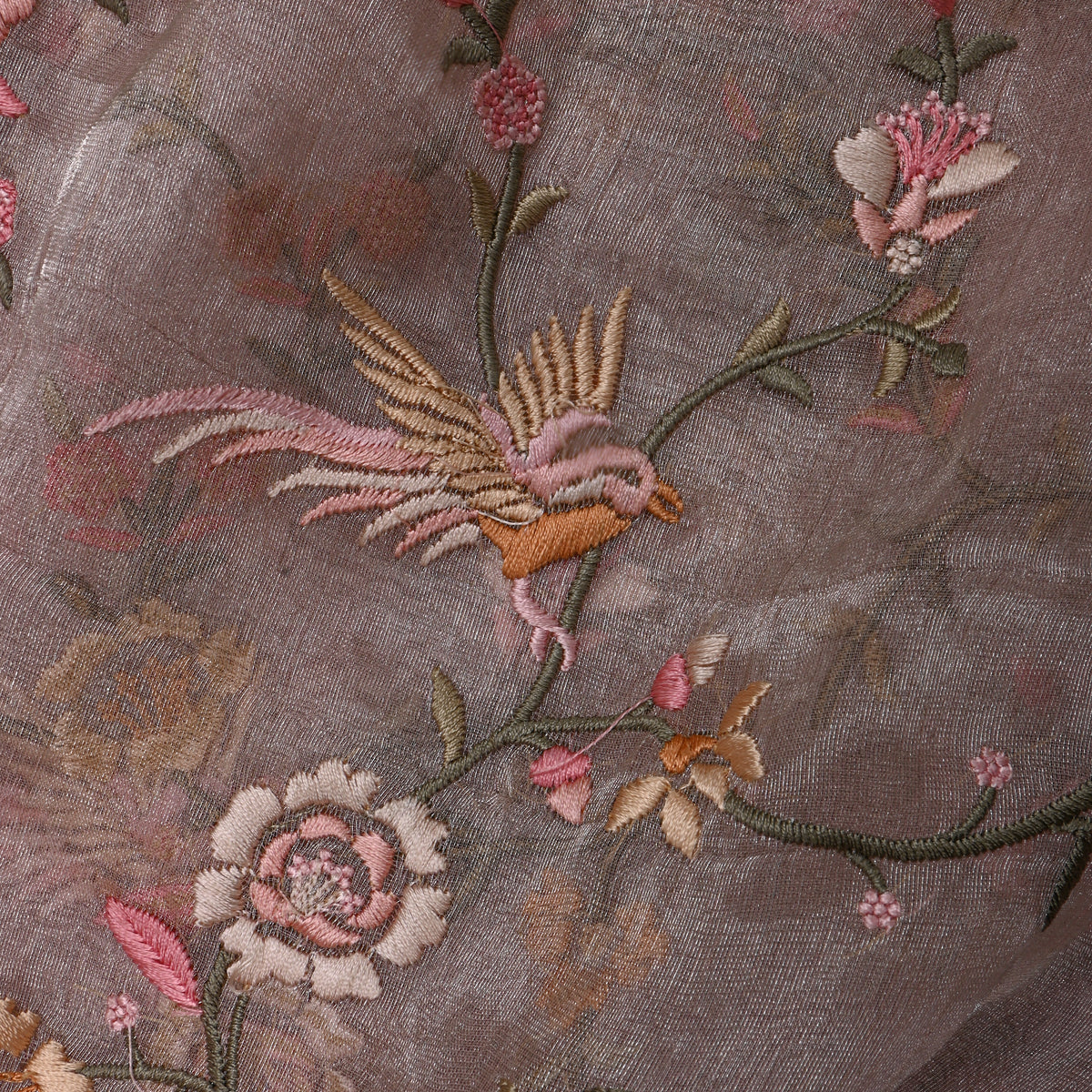 Bright Pink Floral Jaal Bird Thread Work Tissue Fabric