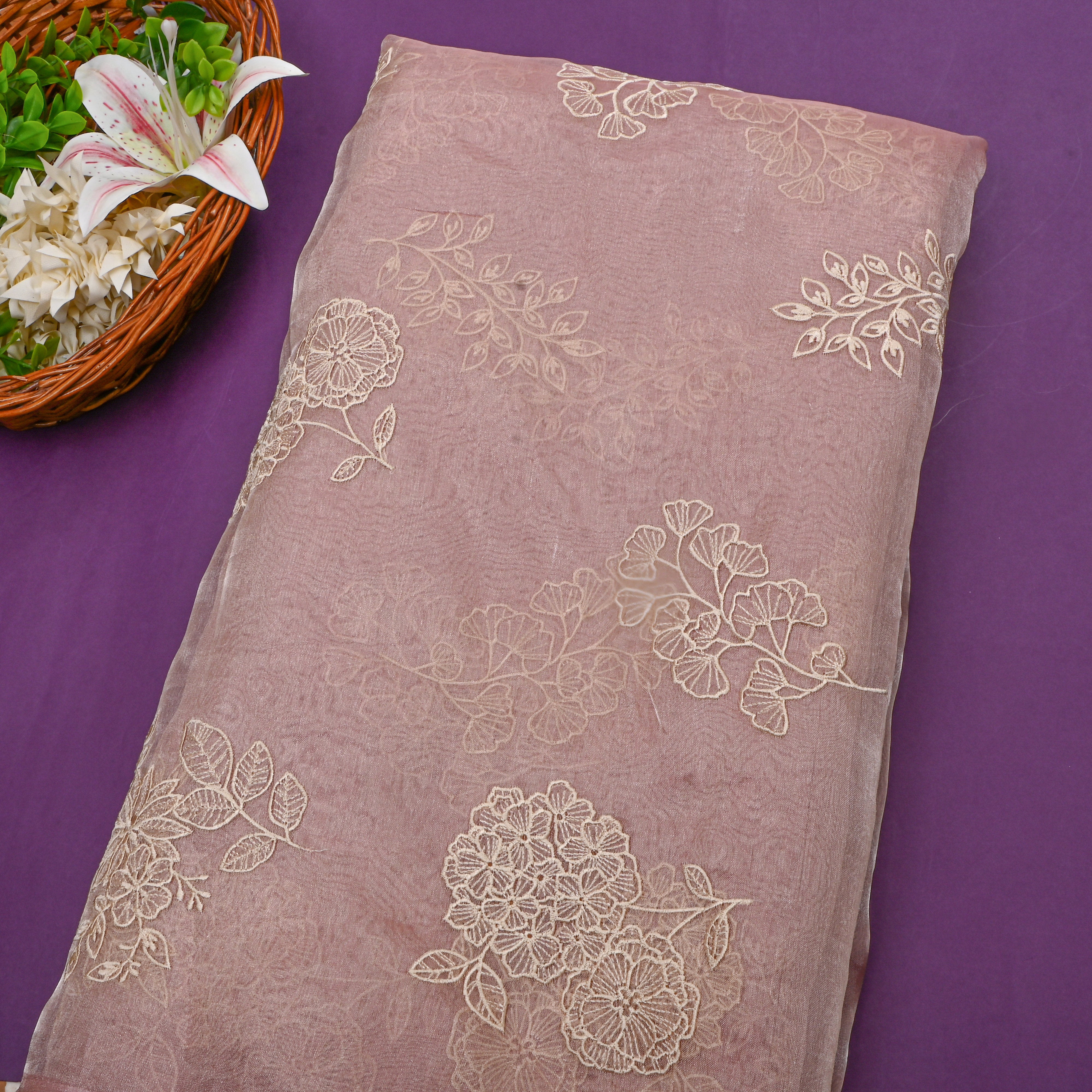 Pink Floral Thread Work Embroidery Tissue Fabric