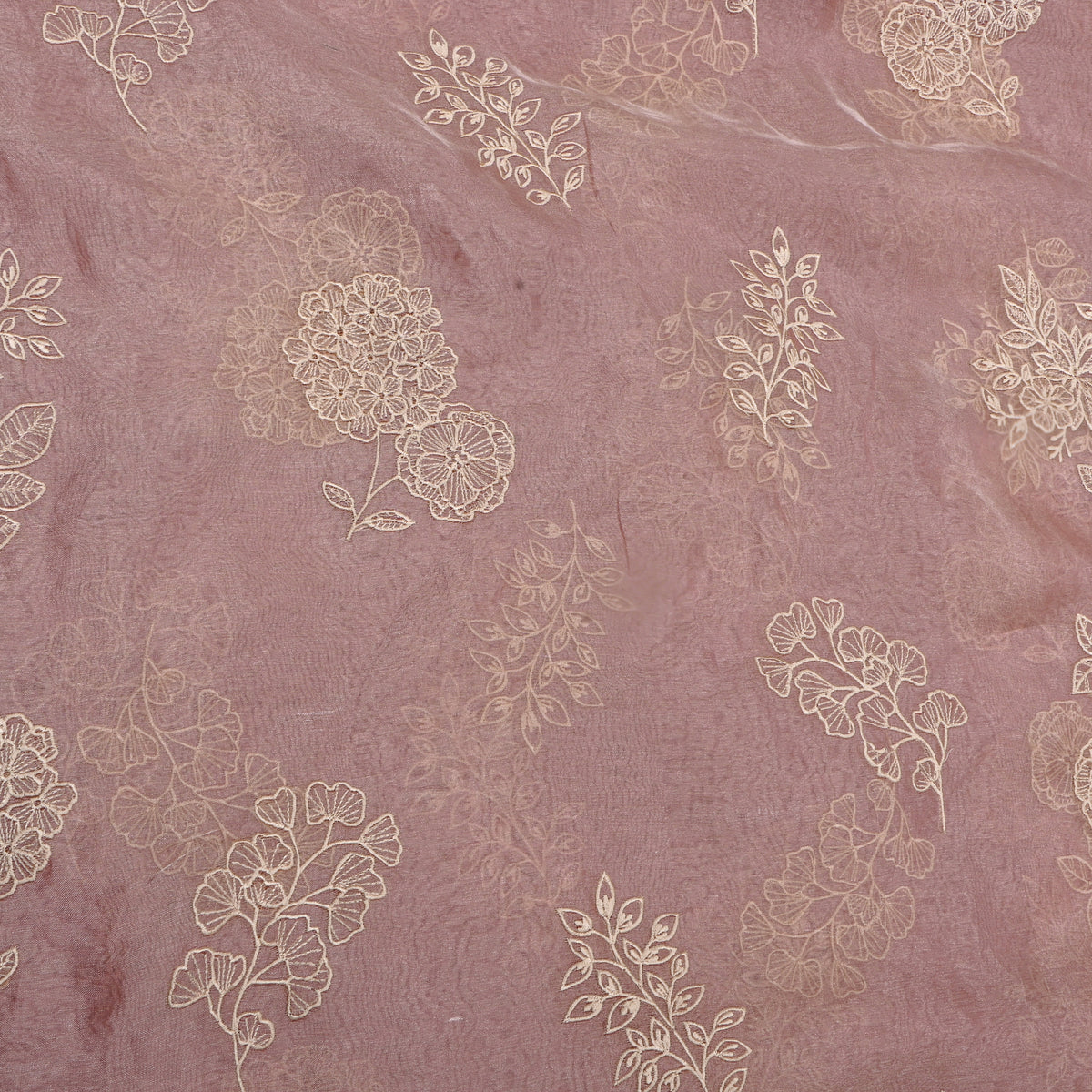 Pink Floral Thread Work Embroidery Tissue Fabric