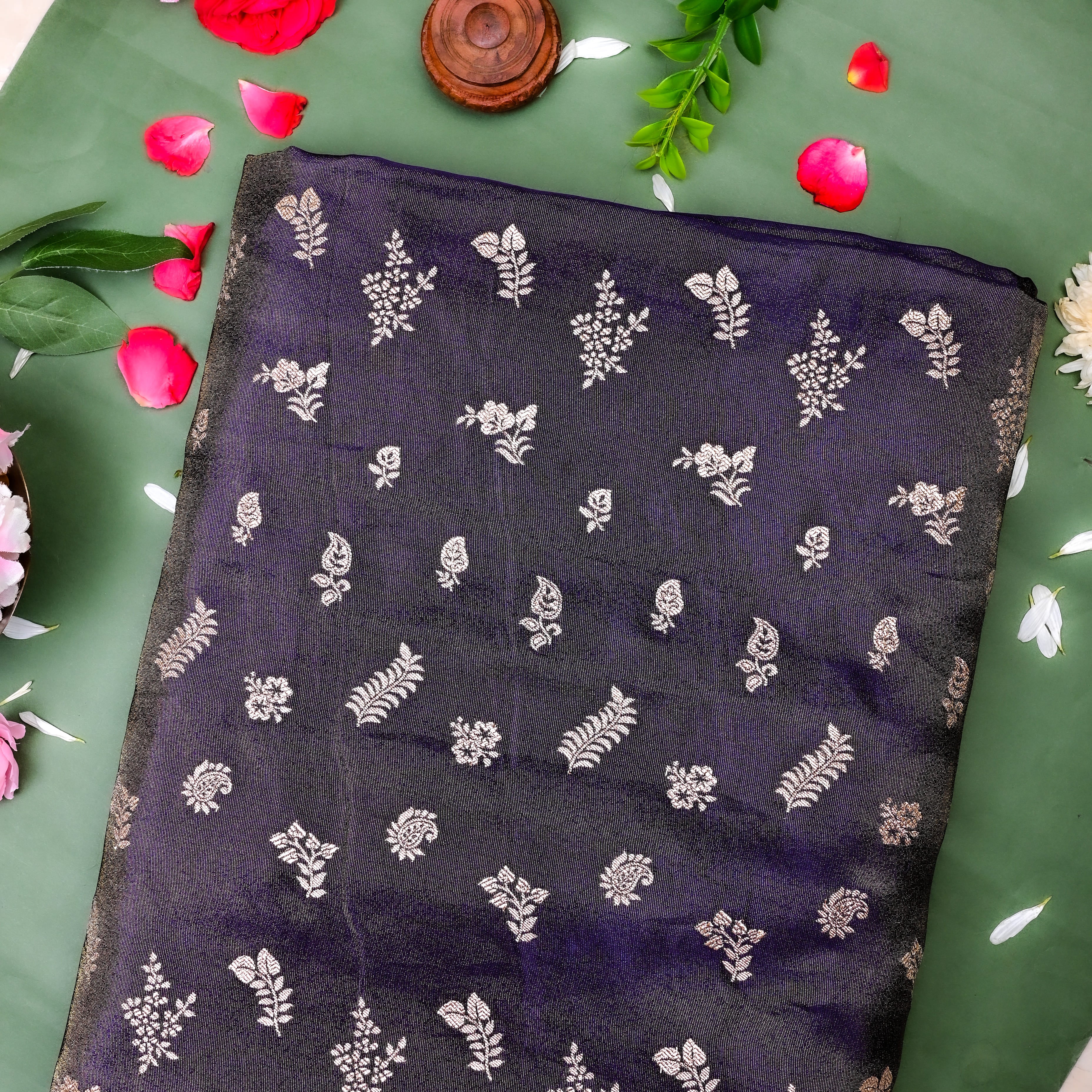 Dark Purple Jamawar Tissue Fabric With Designer Border