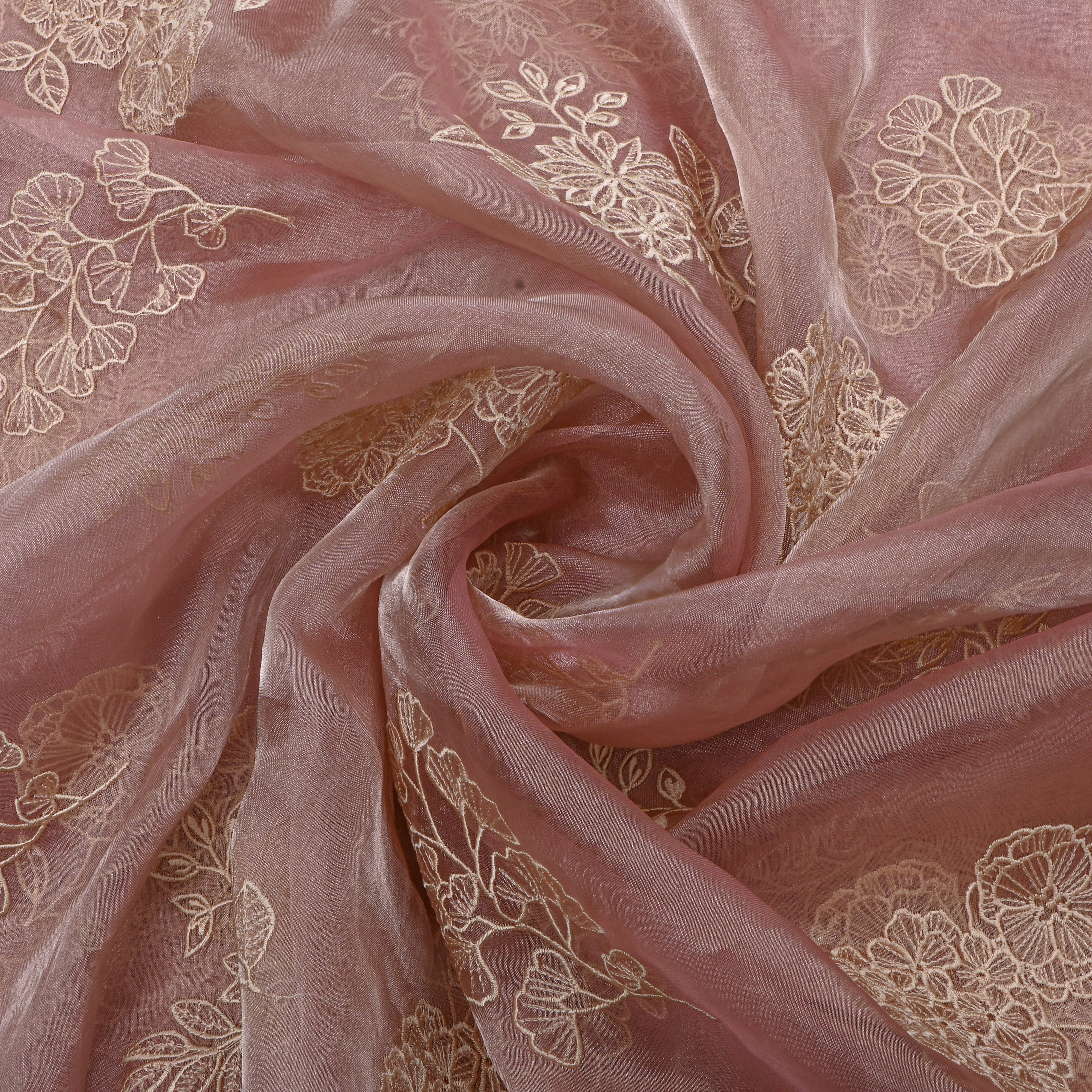 Pink Floral Thread Work Embroidery Tissue Fabric