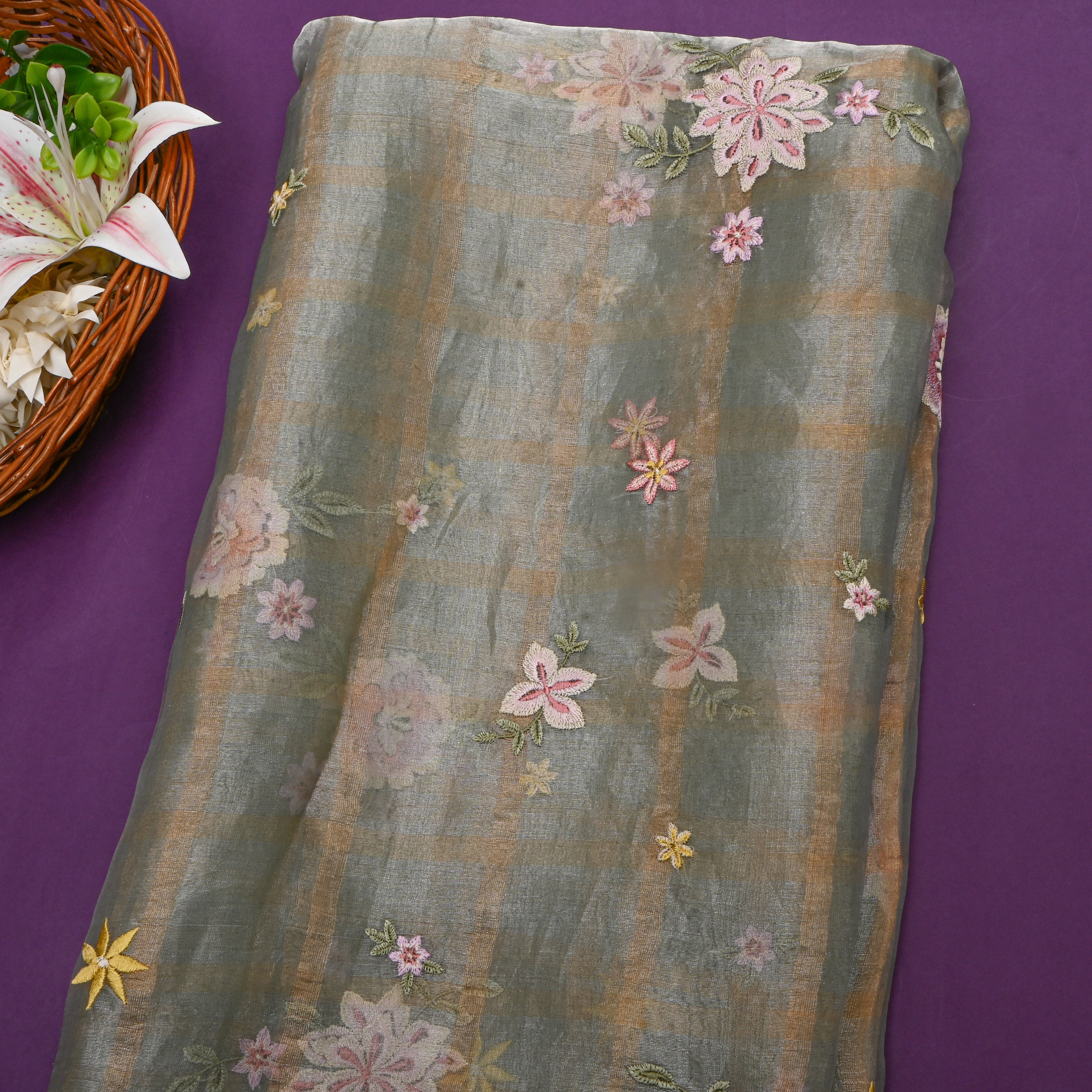 Gray Tissue Fabric With Checks And Floral Embellishment