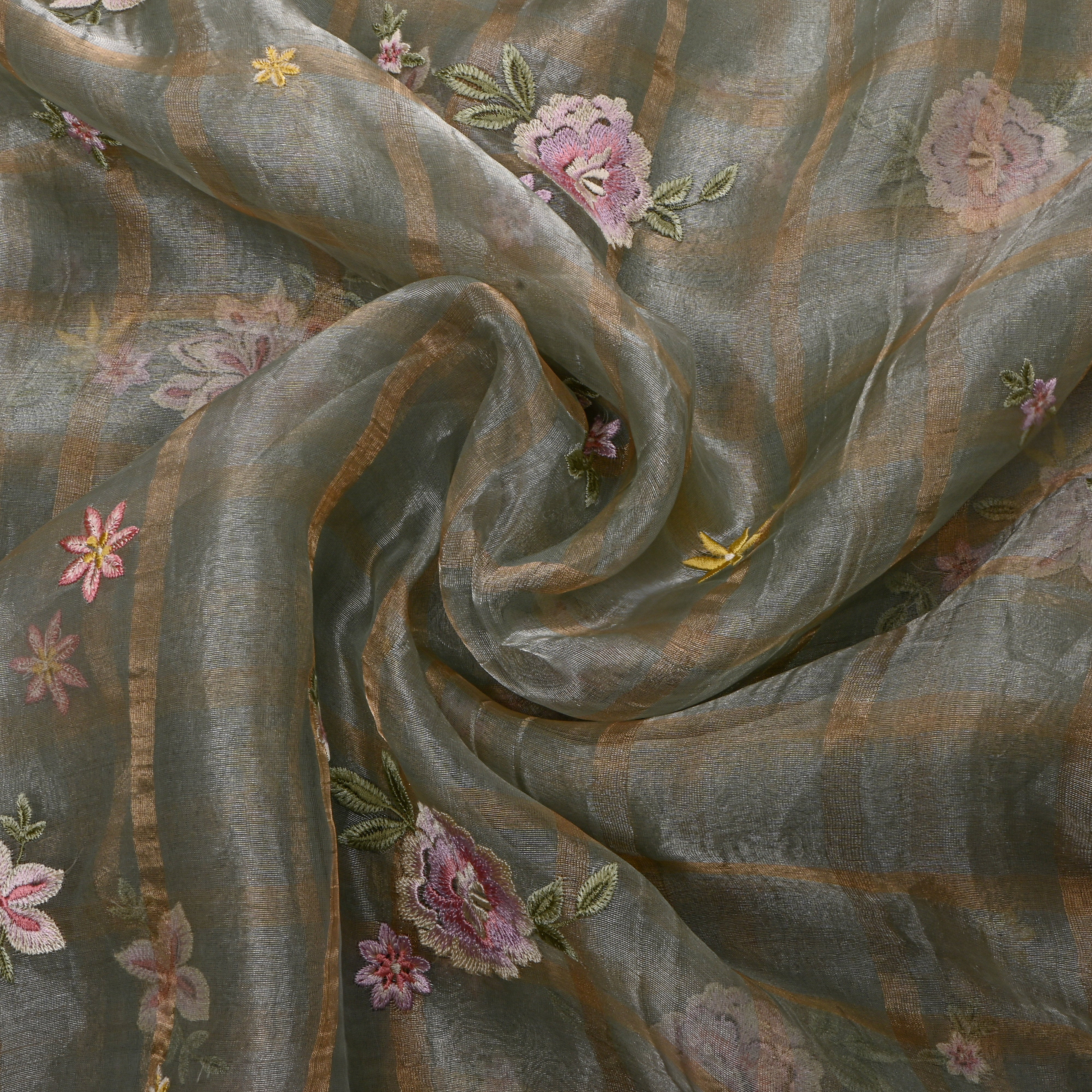Gray Tissue Fabric With Checks And Floral Embellishment