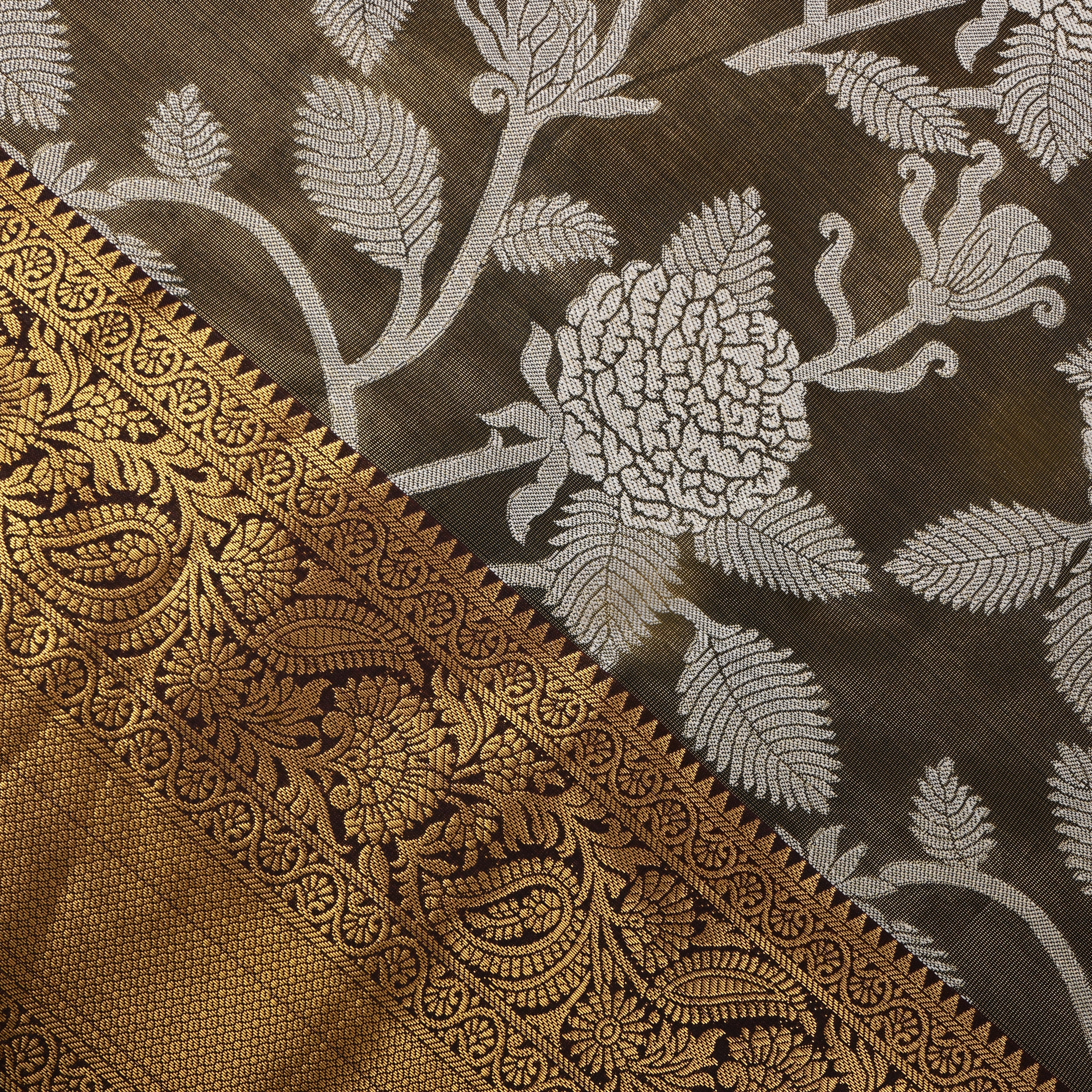 Lignt Brown Antique Gold Floral Jaal Kanchi Fabric