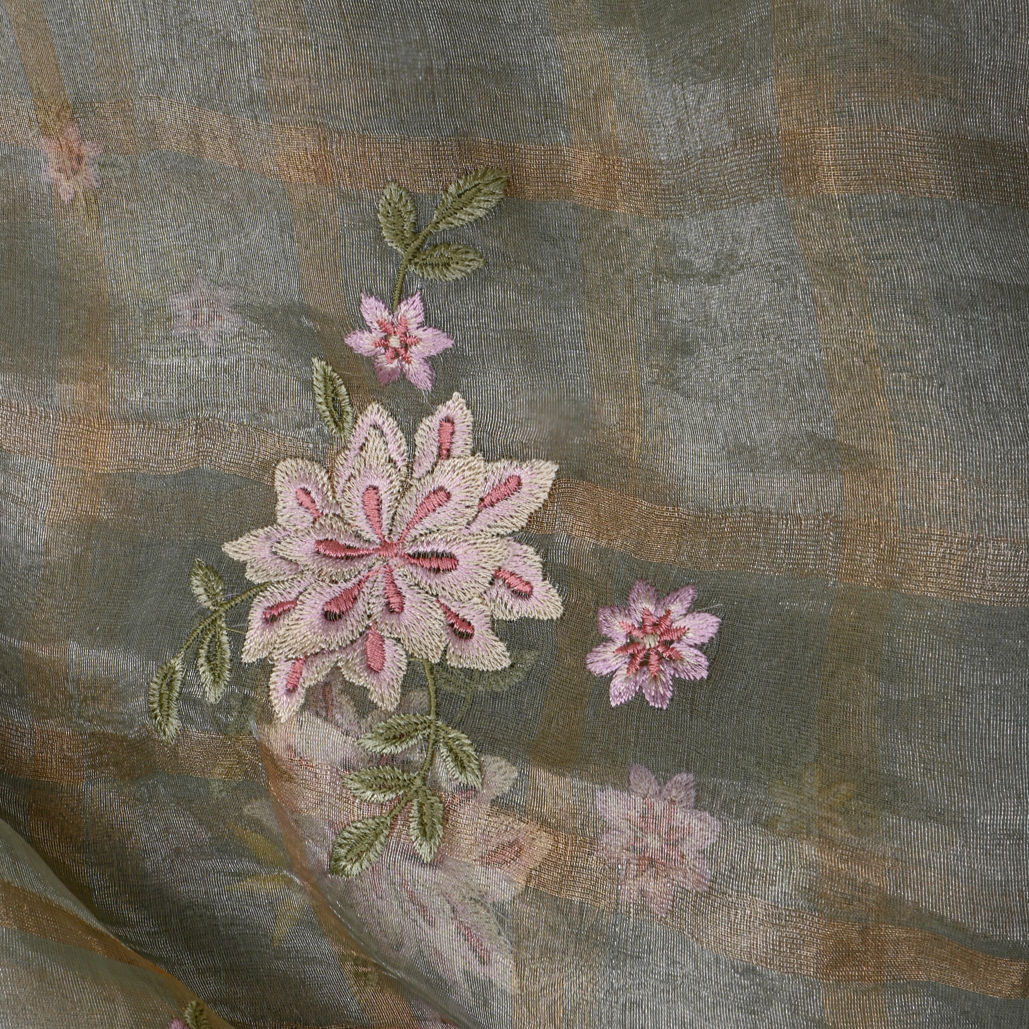 Gray Tissue Fabric With Checks And Floral Embellishment