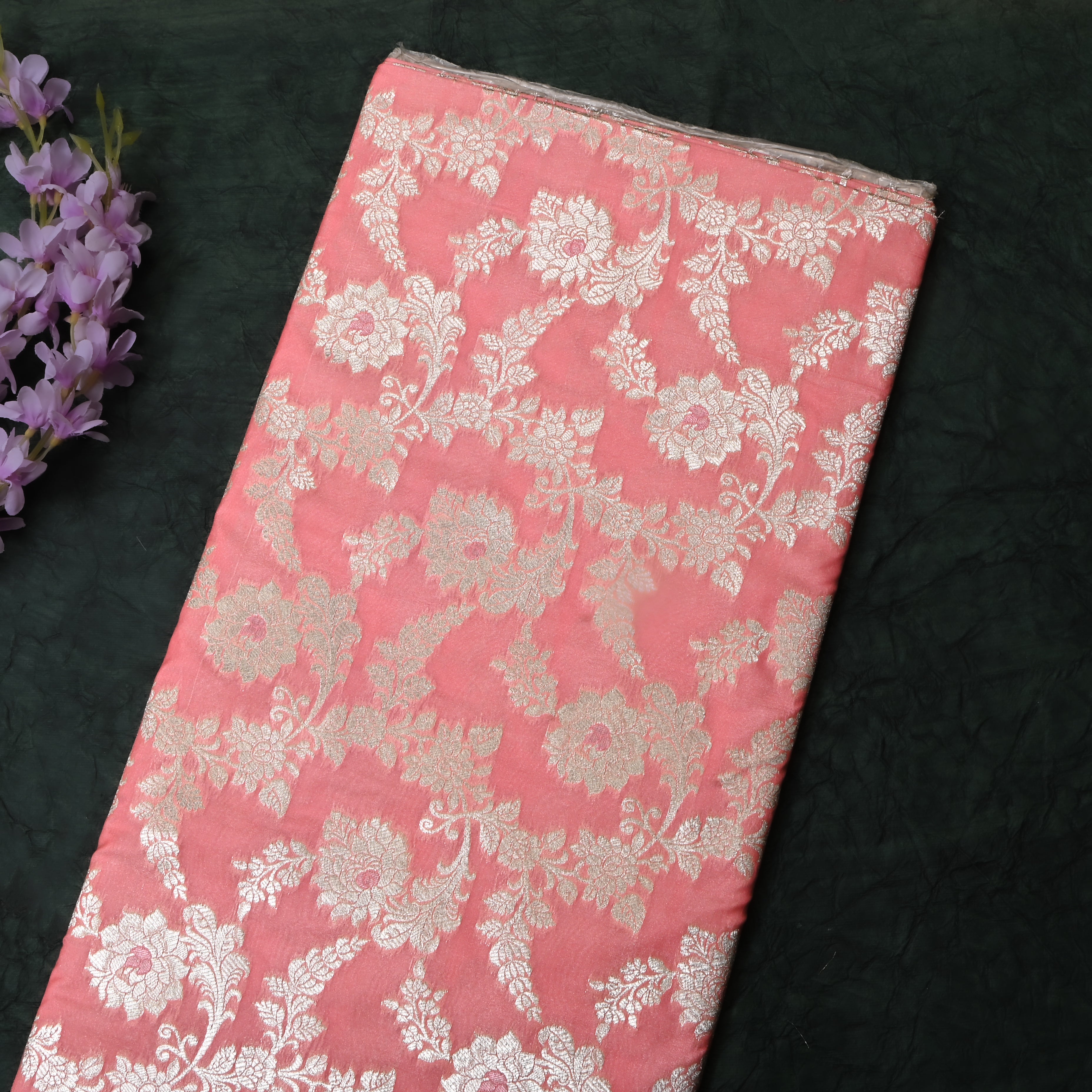Soft Pink Floral Jamawar Silk Fabric