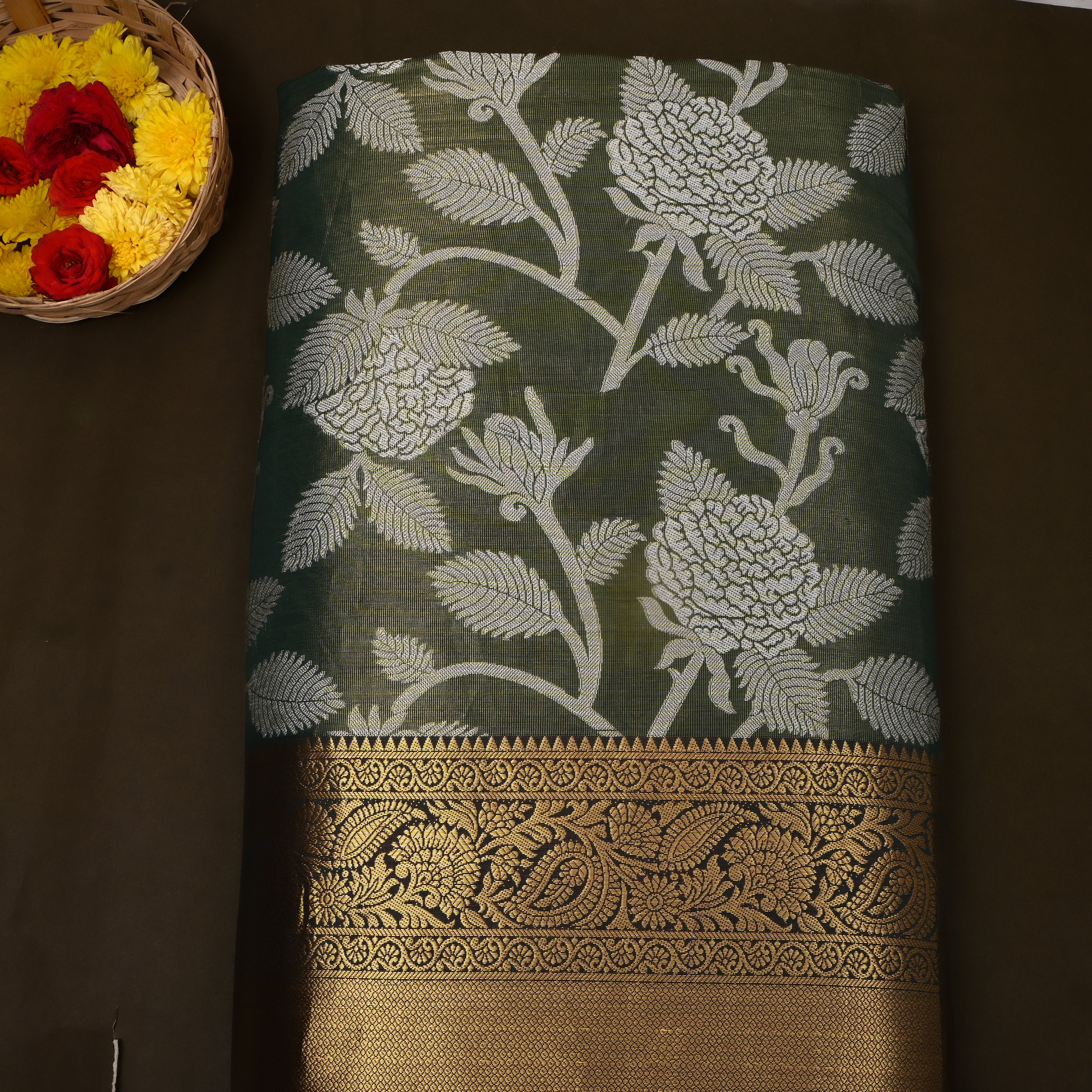 Gray With Antique Gold Floral Jaal Kanchi Fabric