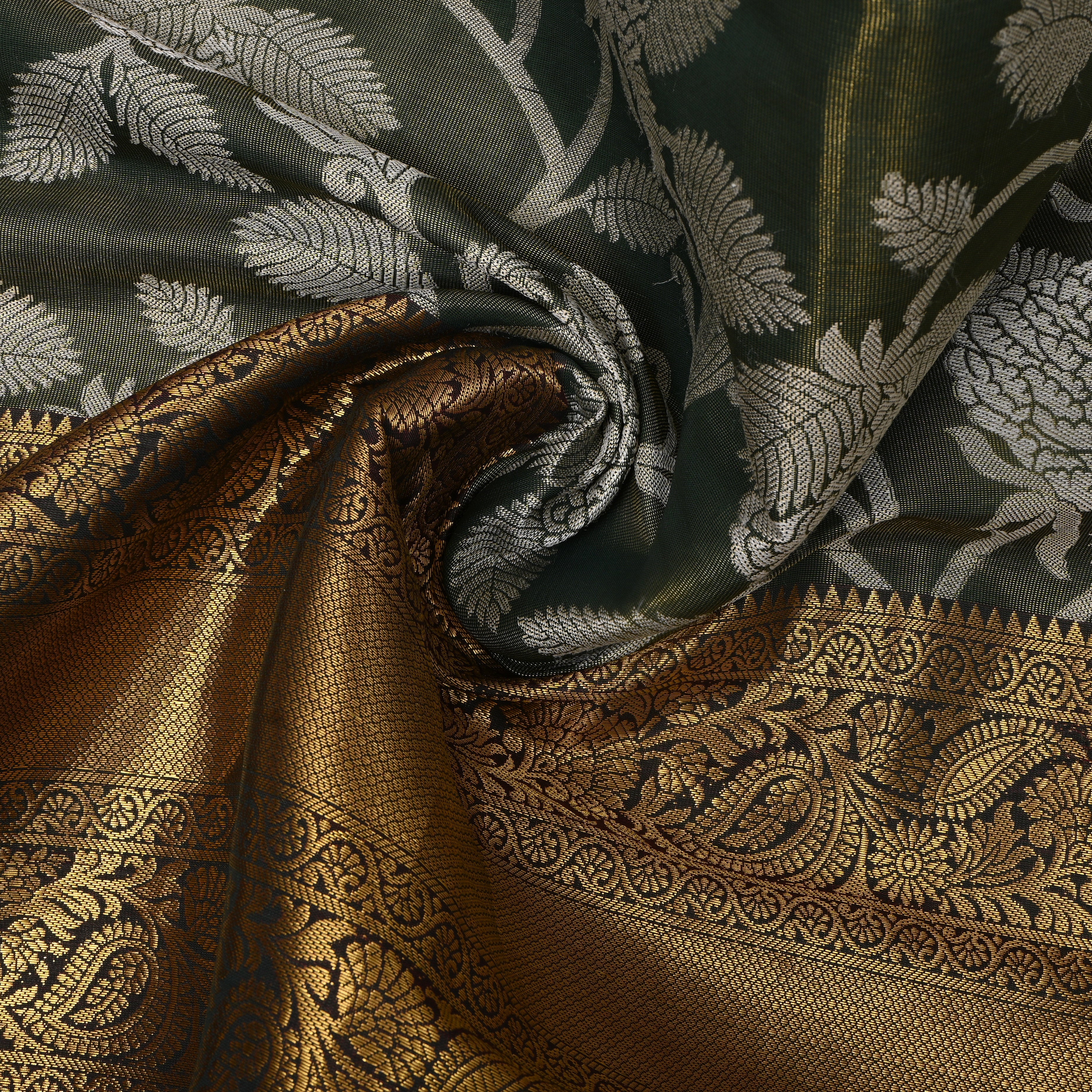 Gray With Antique Gold Floral Jaal Kanchi Fabric