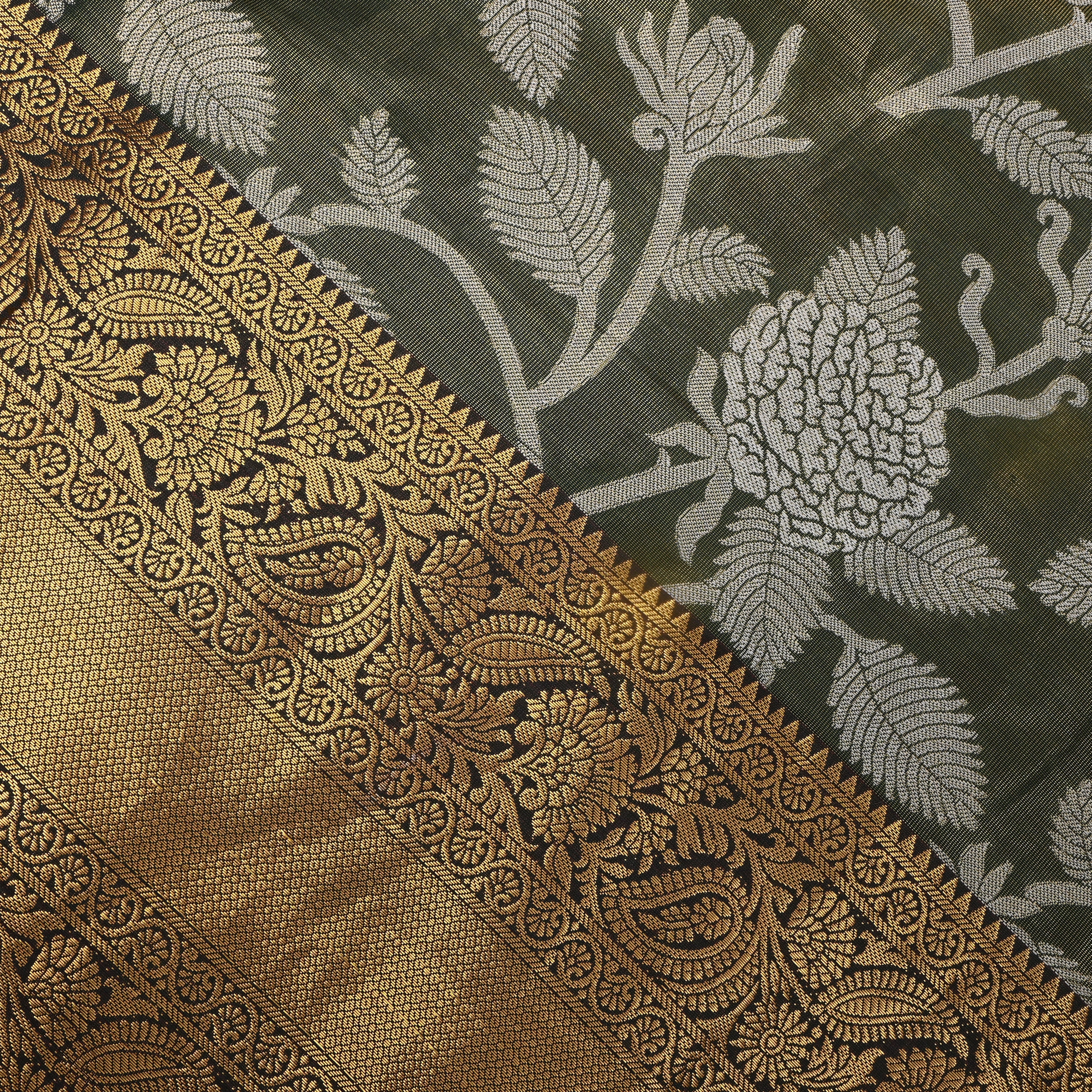 Gray With Antique Gold Floral Jaal Kanchi Fabric