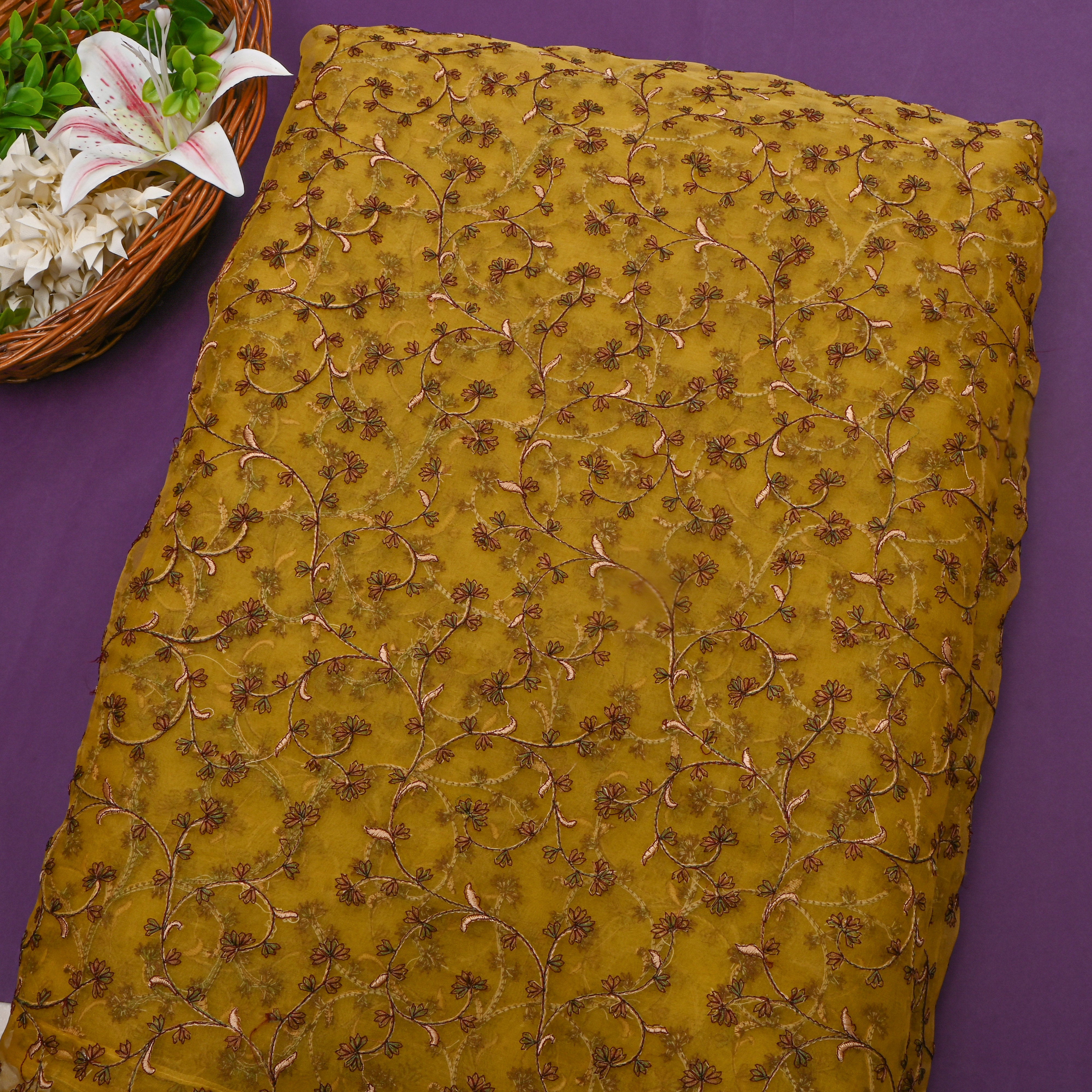 Yellow Organza With Copper Jaal Thread Work
