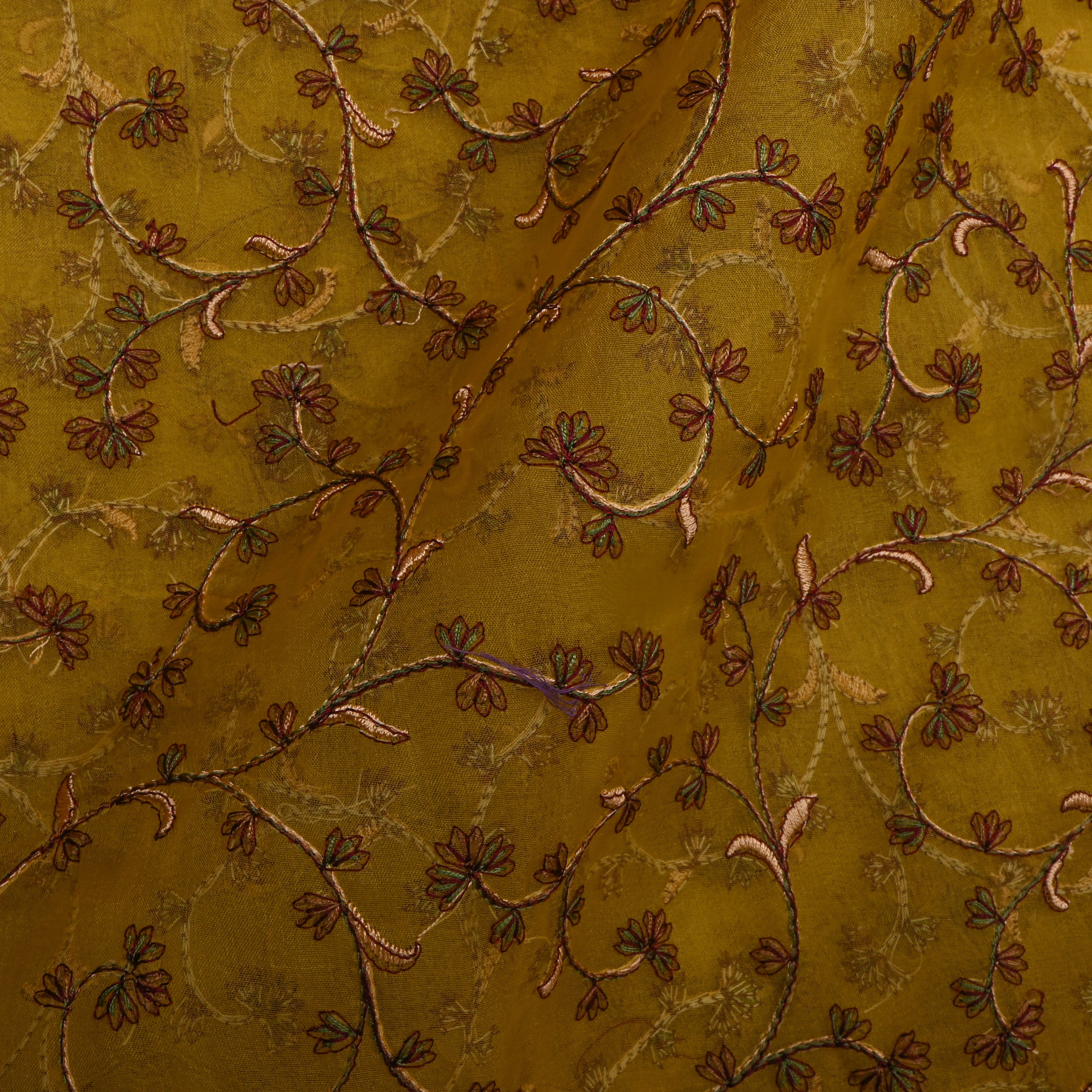 Yellow Organza With Copper Jaal Thread Work