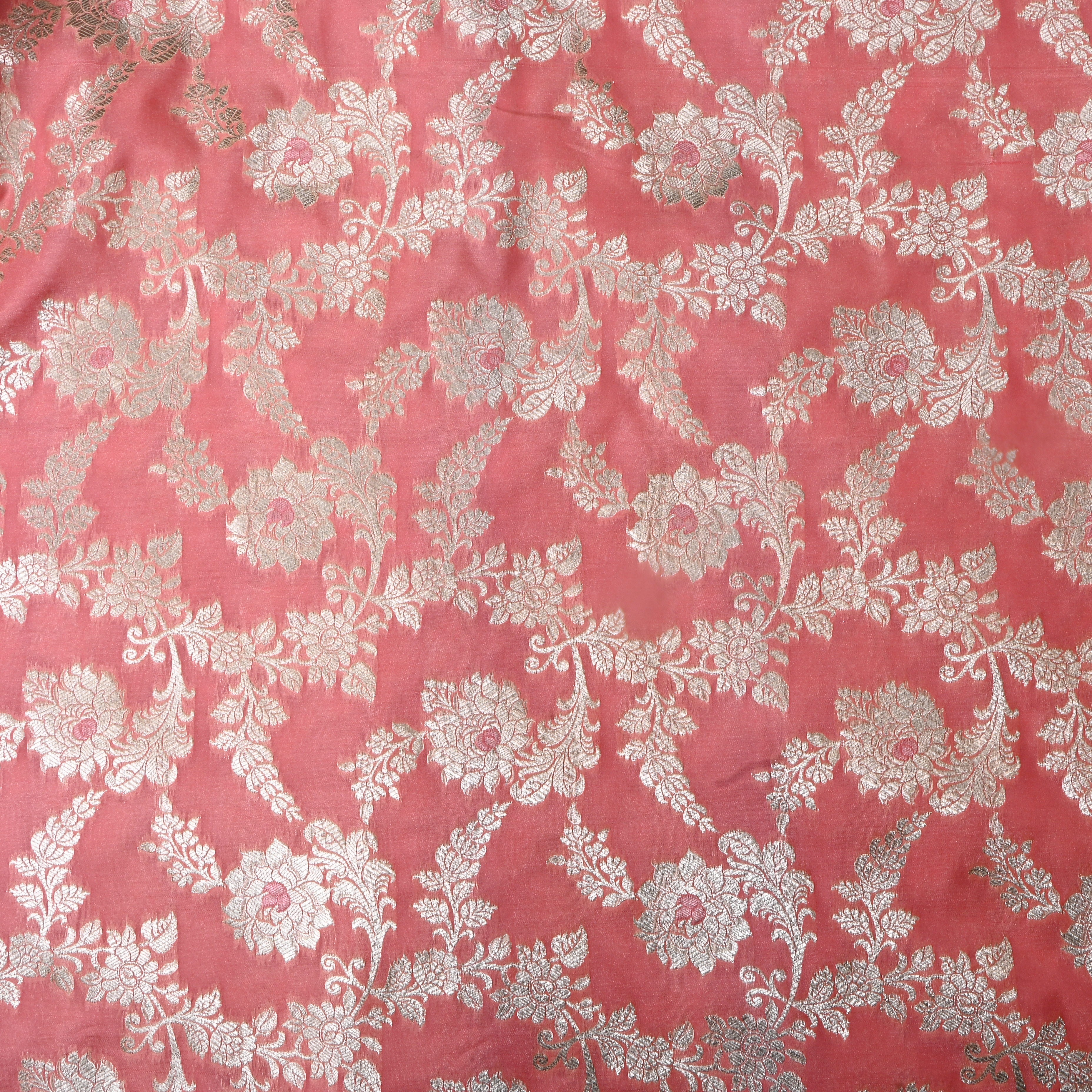 Soft Pink Floral Jamawar Silk Fabric