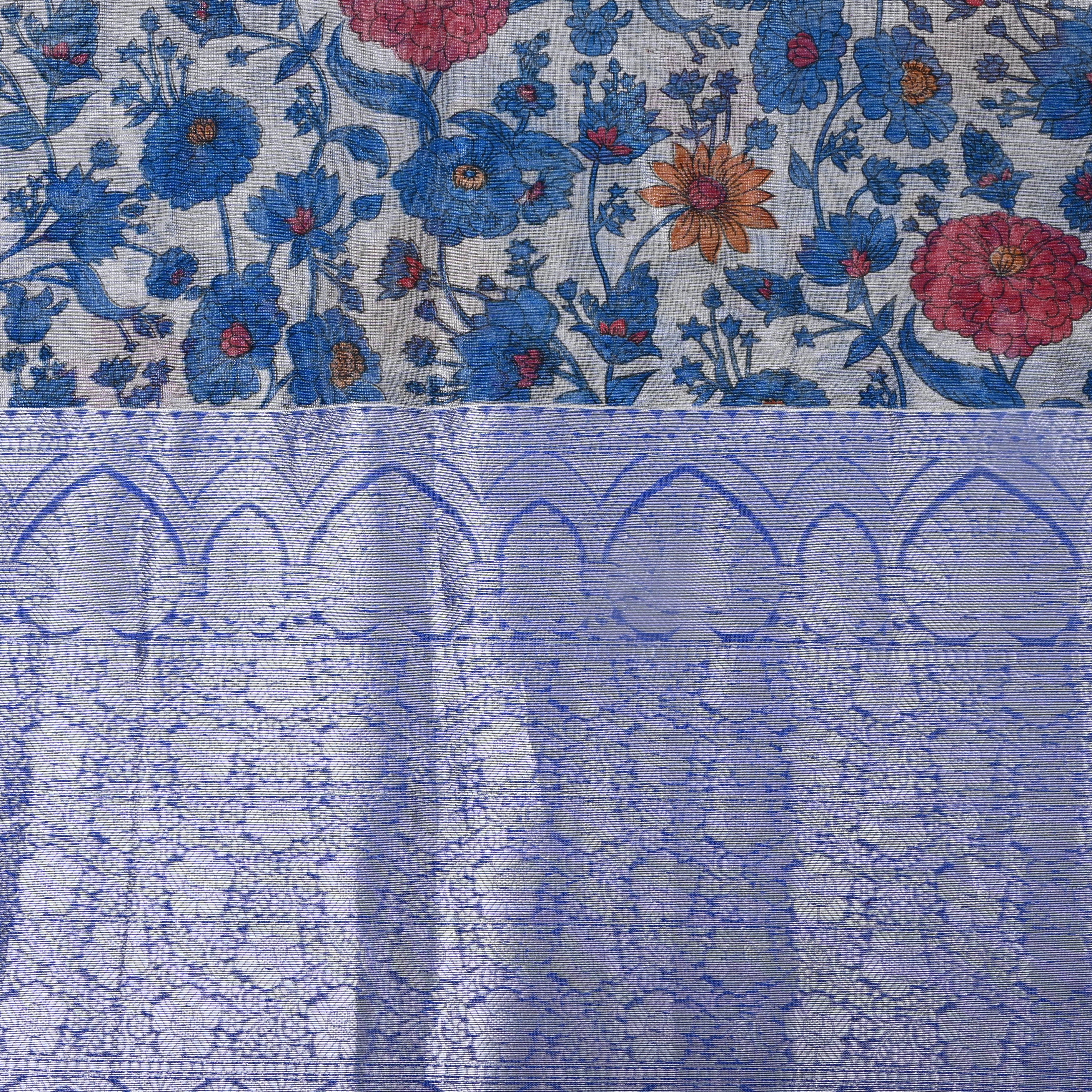Ivory Blue Floral Print Fabric With Woven Border