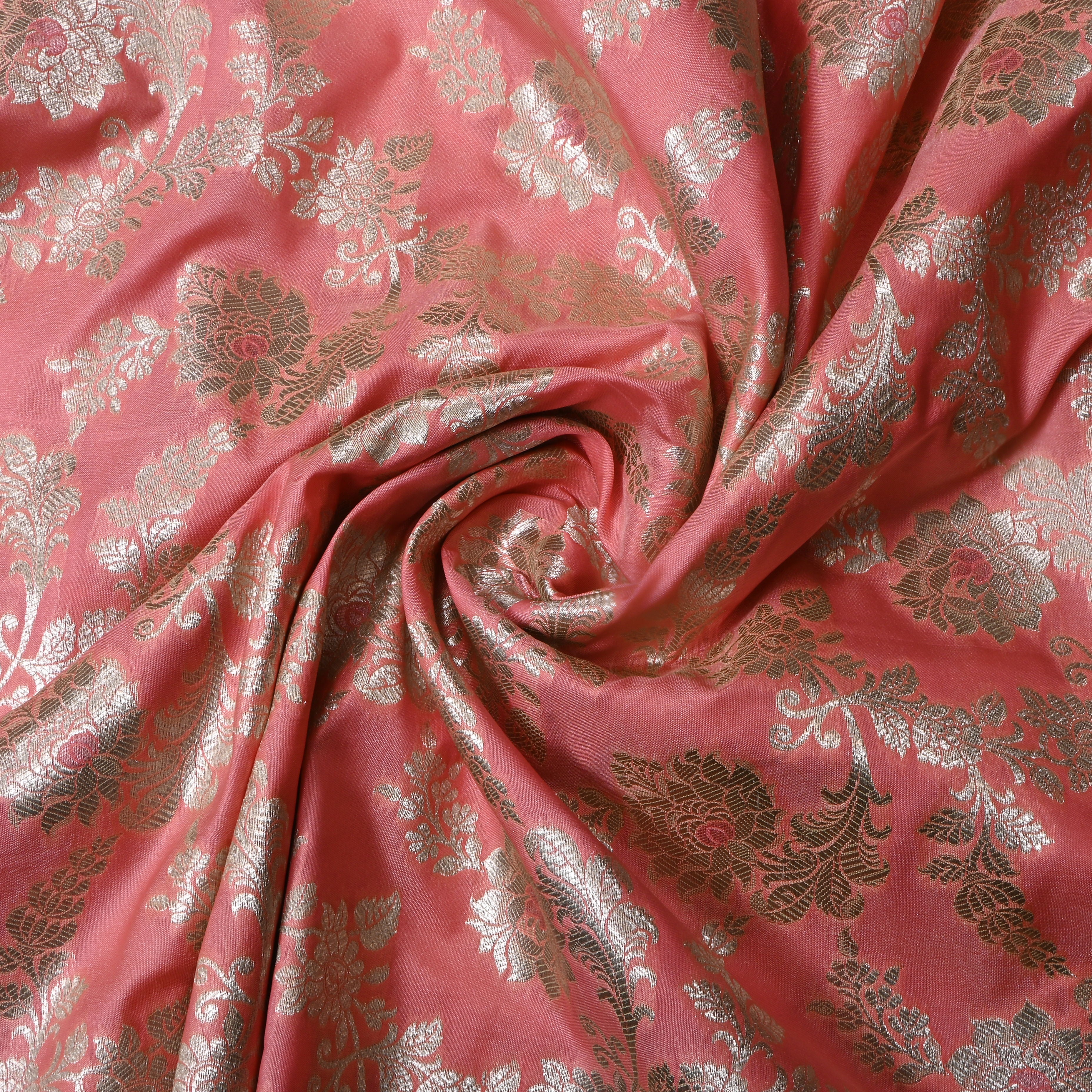 Soft Pink Floral Jamawar Silk Fabric