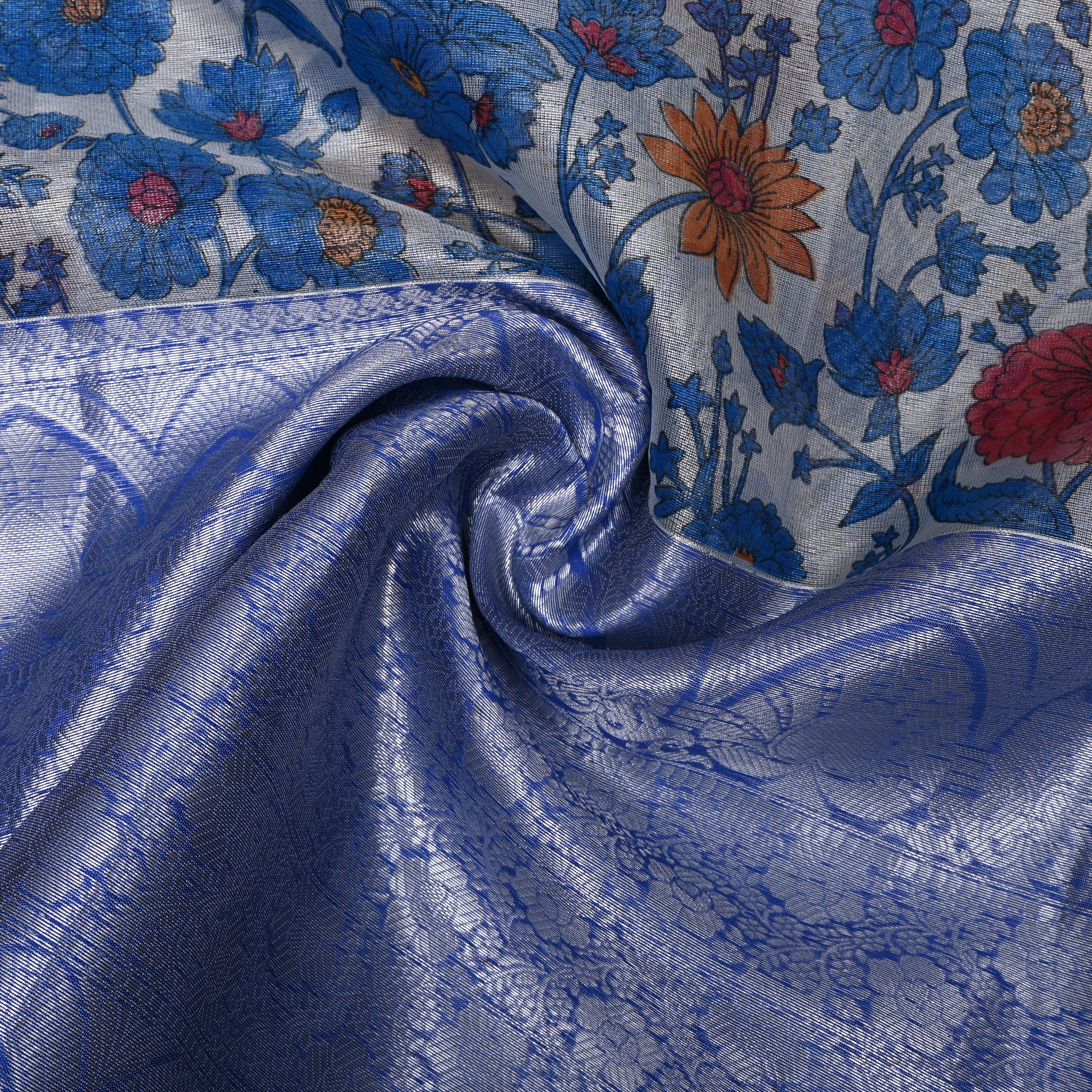 Ivory Blue Floral Print Fabric With Woven Border