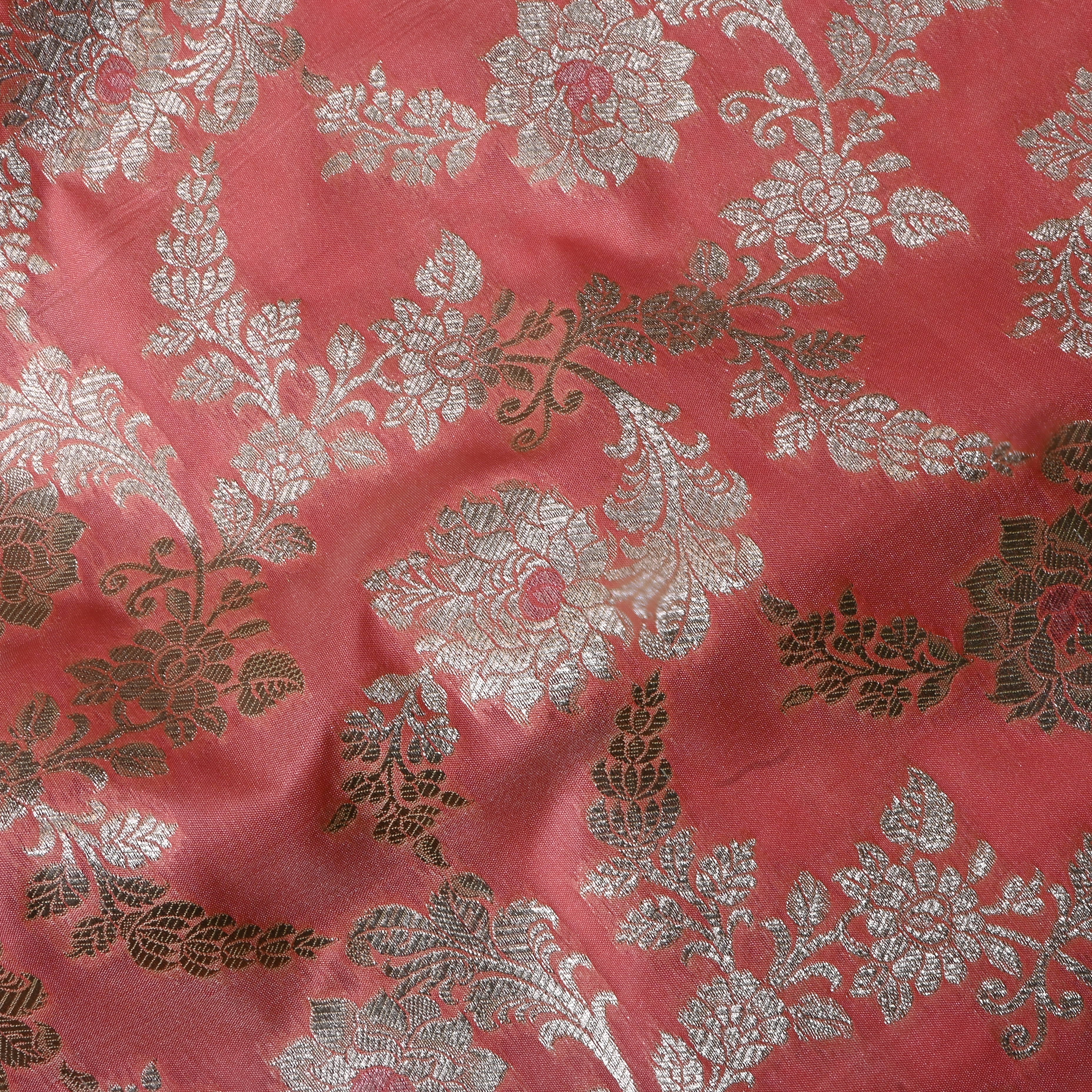 Soft Pink Floral Jamawar Silk Fabric