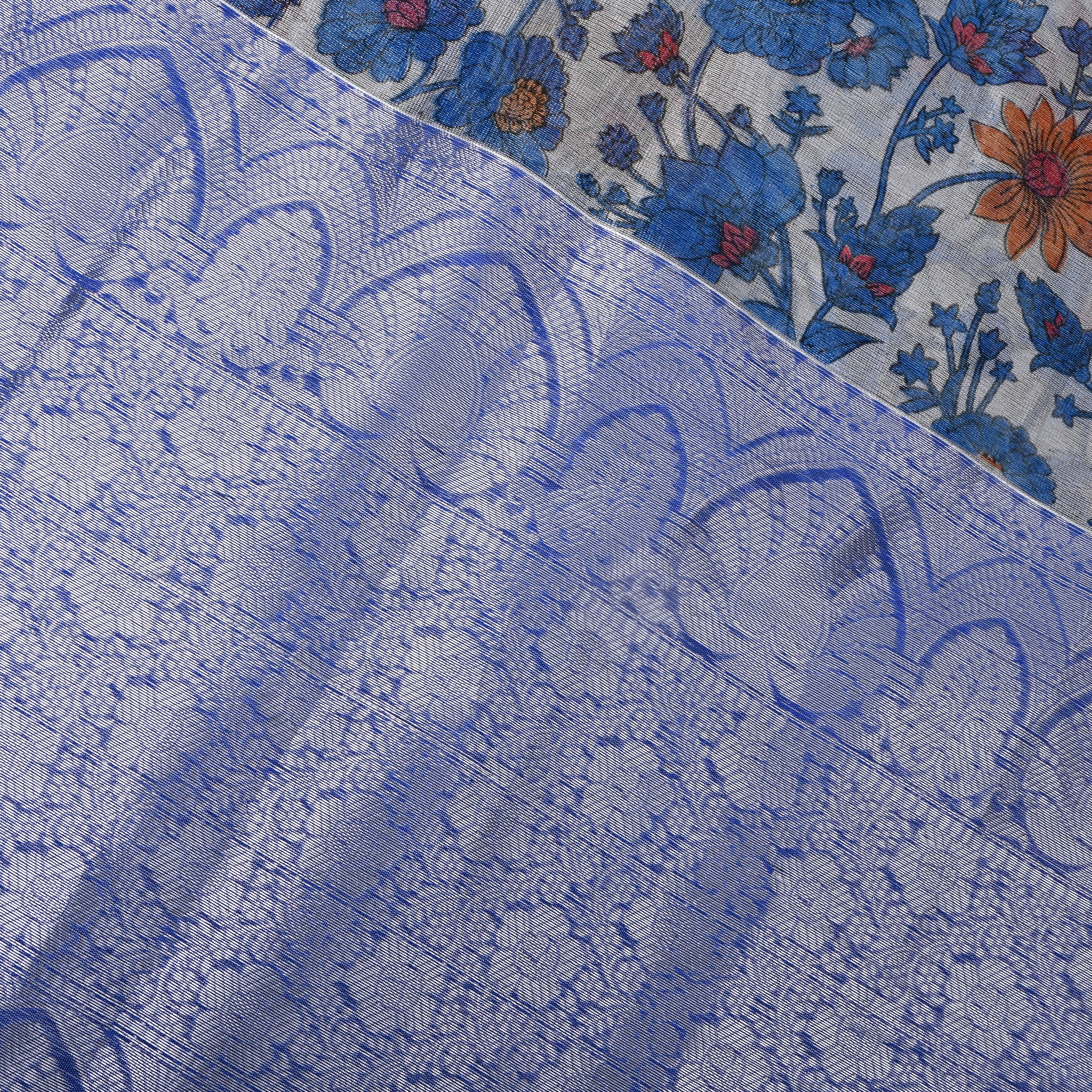 Ivory Blue Floral Print Fabric With Woven Border