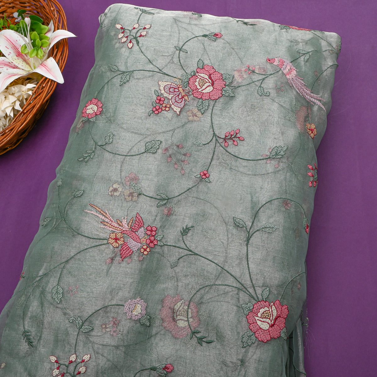 Green Floral Jaal Thread Work Tissue Fabric