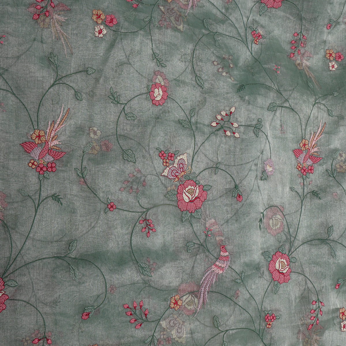 Green Floral Jaal Thread Work Tissue Fabric